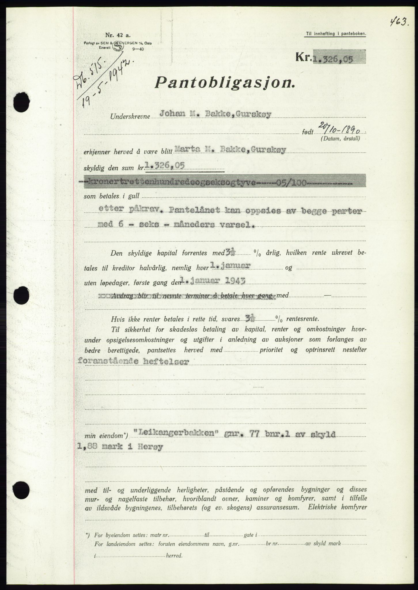 Søre Sunnmøre sorenskriveri, AV/SAT-A-4122/1/2/2C/L0073: Mortgage book no. 67, 1941-1942, Diary no: : 515/1942