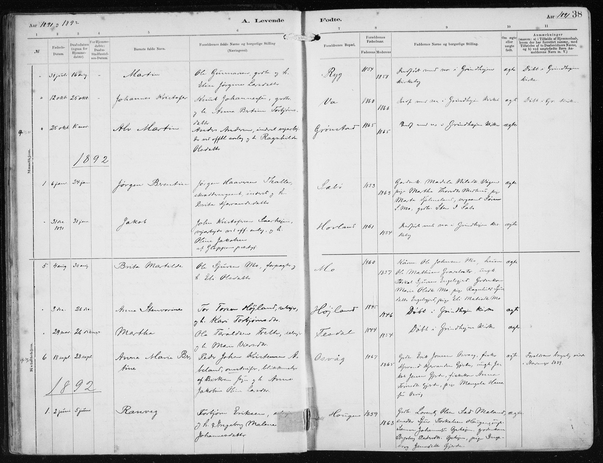 Etne sokneprestembete, SAB/A-75001/H/Haa: Parish register (official) no. B  1, 1879-1919, p. 38