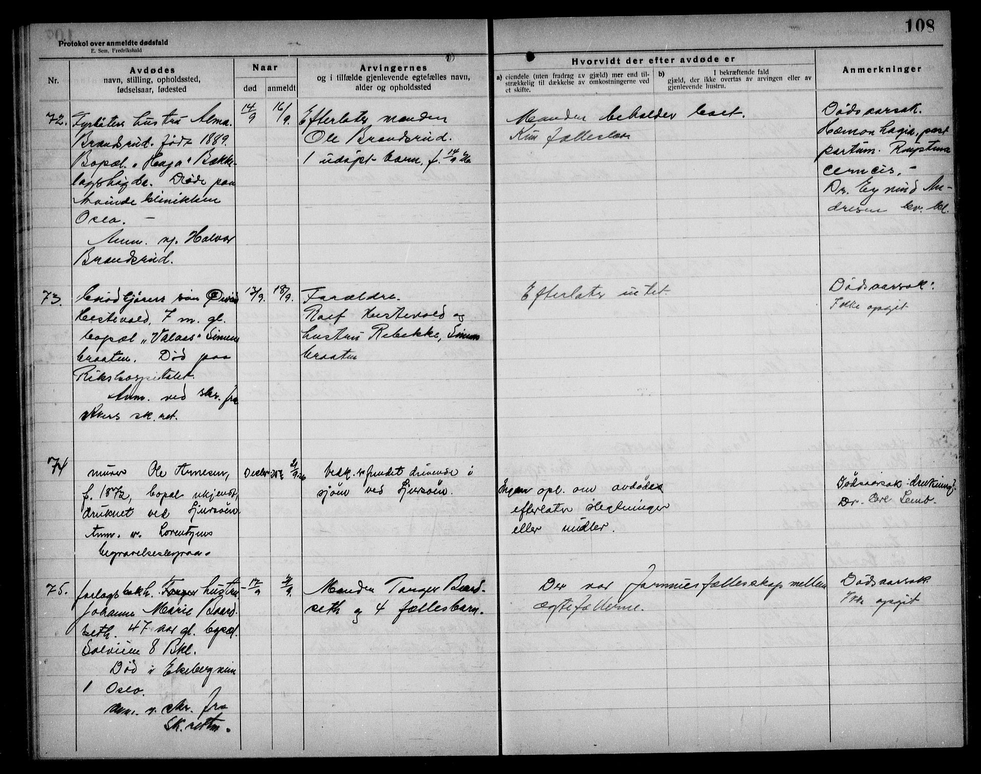 Aker kriminaldommer, skifte- og auksjonsforvalterembete, AV/SAO-A-10452/H/Hb/Hba/Hbad/L0001: Dødsfallsprotokoll for Nordstrand, 1922-1929, p. 108