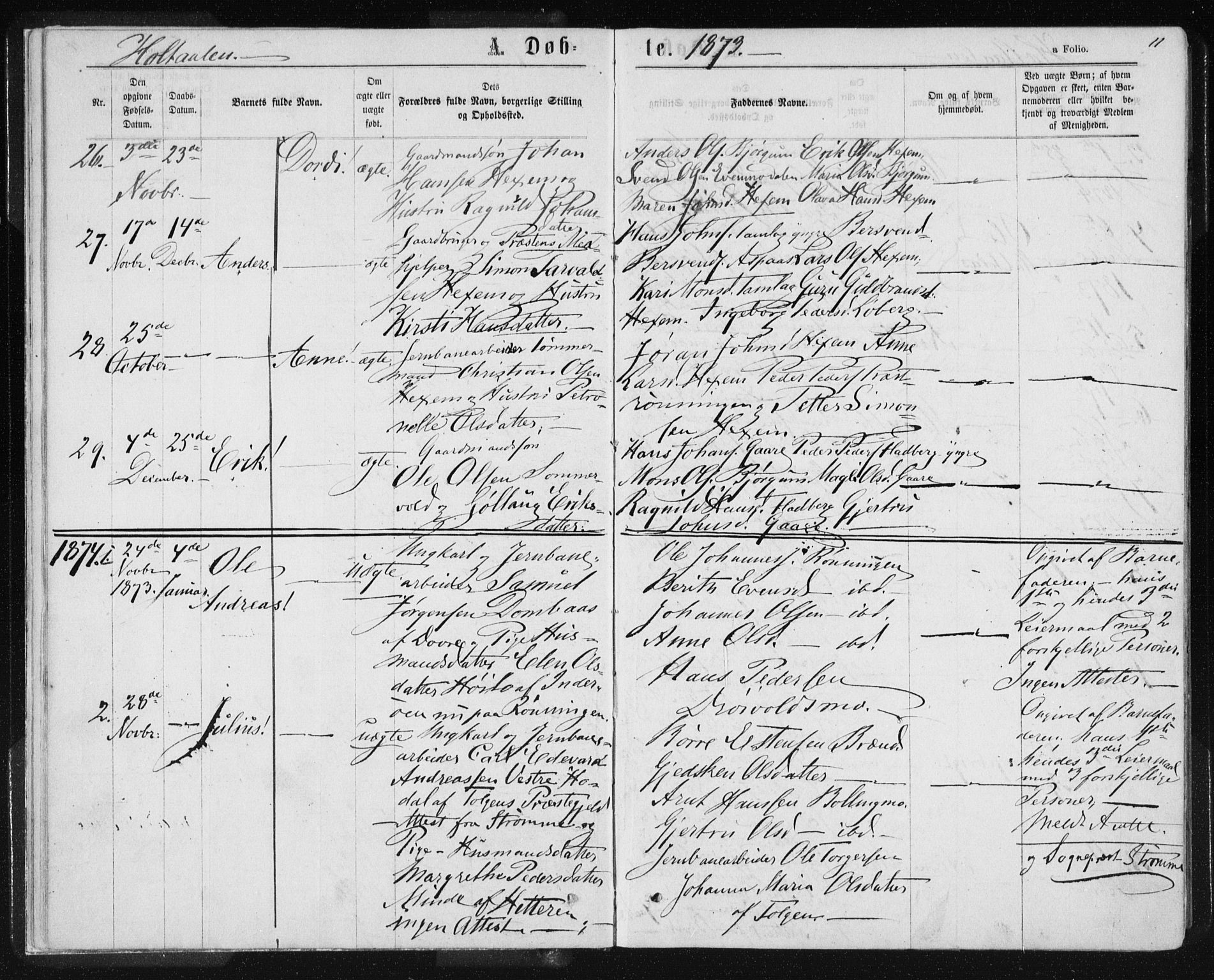 Ministerialprotokoller, klokkerbøker og fødselsregistre - Sør-Trøndelag, SAT/A-1456/685/L0969: Parish register (official) no. 685A08 /1, 1870-1878, p. 11