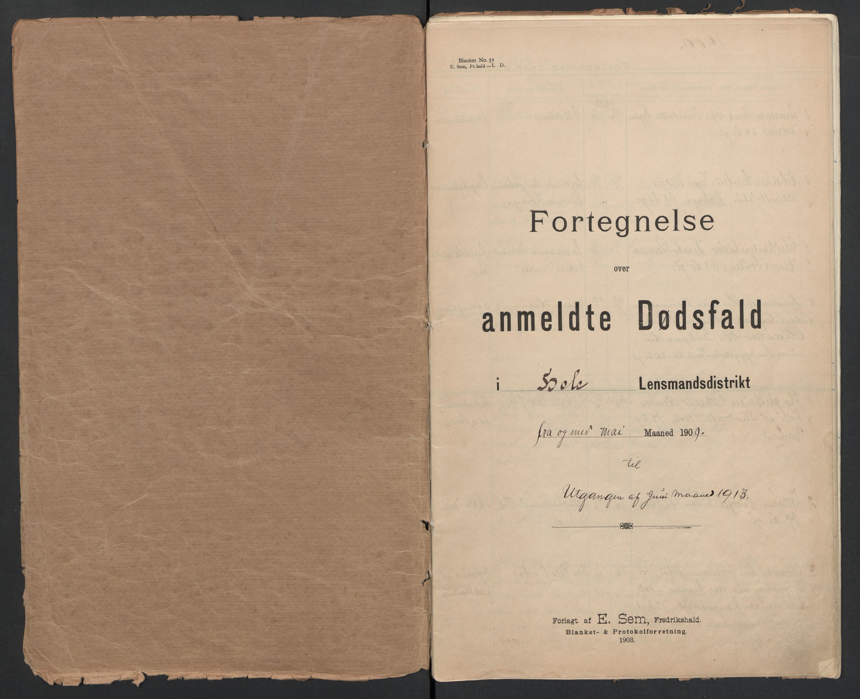 Hole lensmannskontor, AV/SAKO-A-513/H/Ha/L0001/0009: Dødsanmeldelser / Dødsanmeldelser, 1909-1913