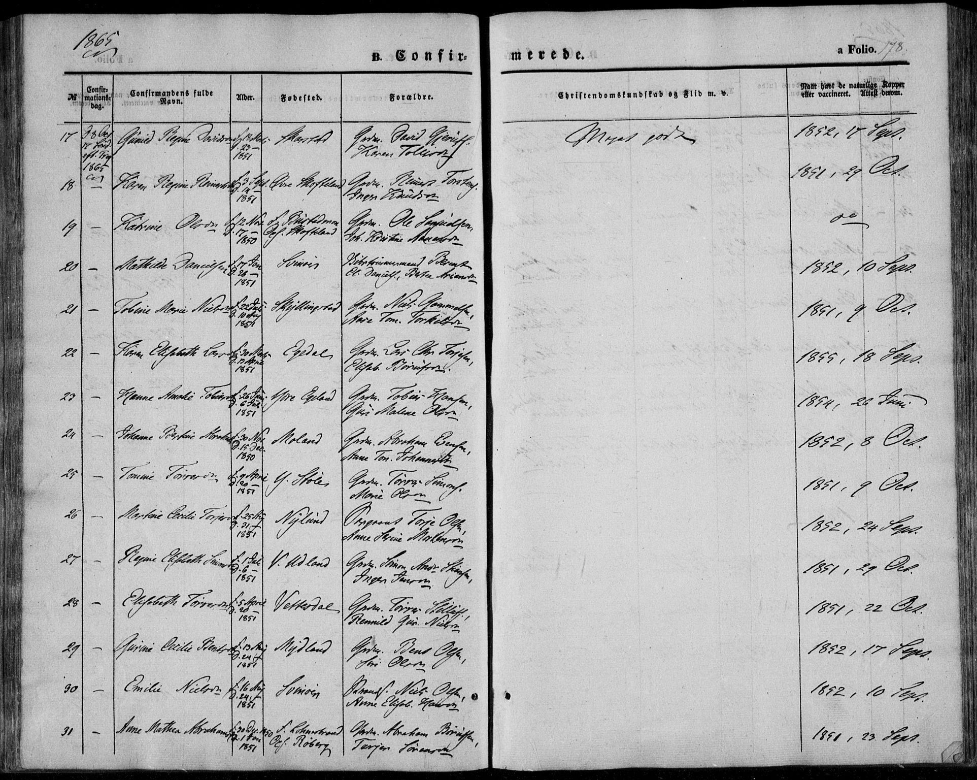 Sør-Audnedal sokneprestkontor, AV/SAK-1111-0039/F/Fa/Fab/L0007: Parish register (official) no. A 7, 1855-1876, p. 178