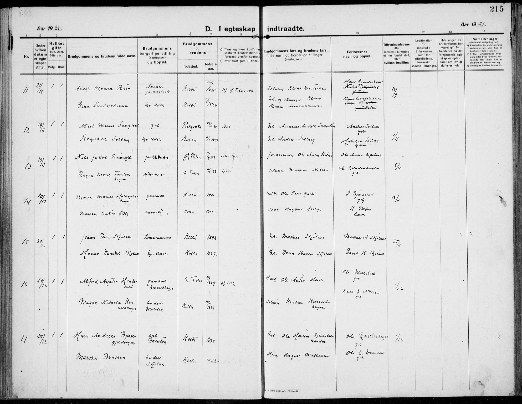 Kolbu prestekontor, SAH/PREST-110/H/Ha/Haa/L0002: Parish register (official) no. 2, 1912-1926, p. 215