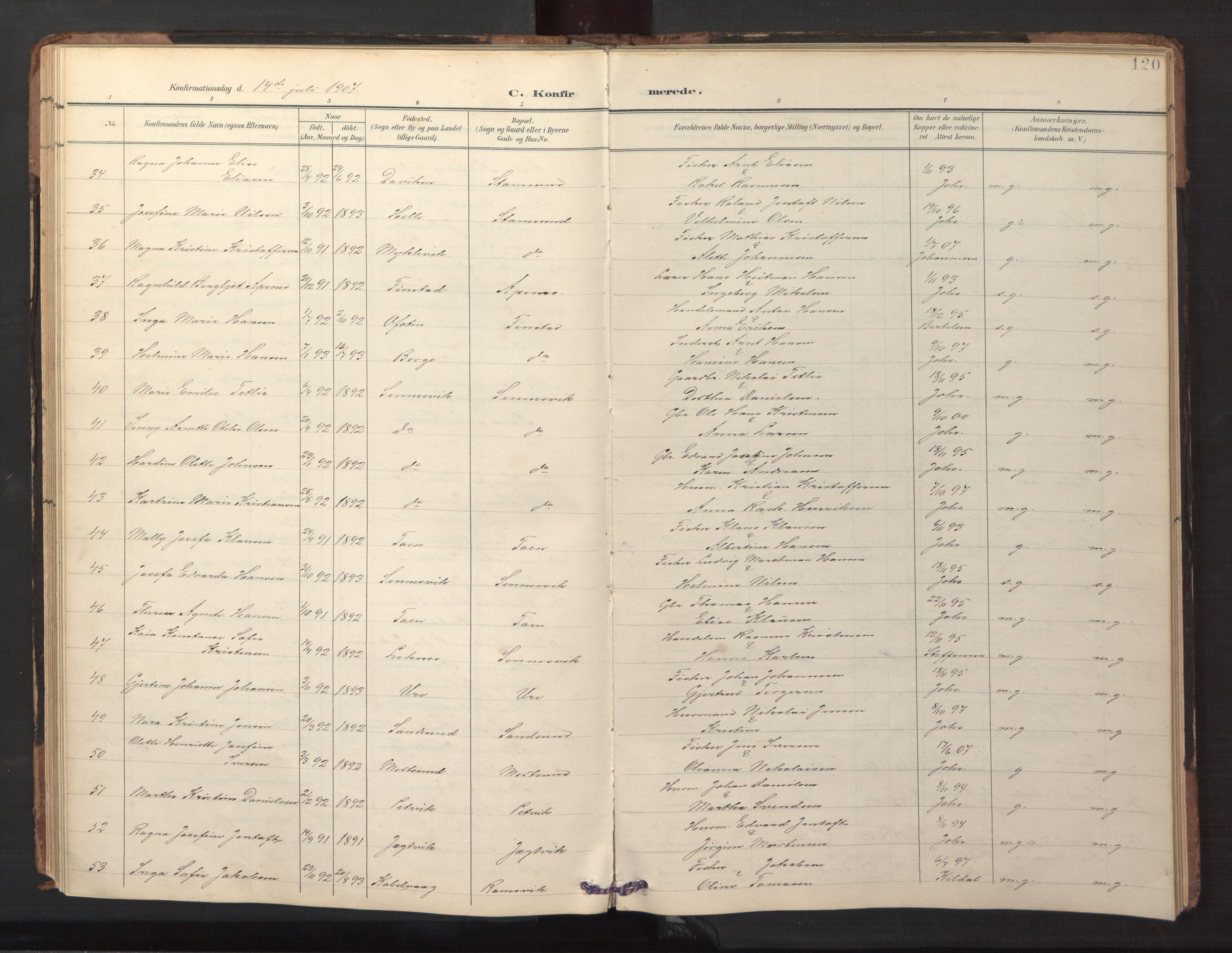 Ministerialprotokoller, klokkerbøker og fødselsregistre - Nordland, AV/SAT-A-1459/882/L1185: Parish register (copy) no. 882C03, 1898-1910, p. 120