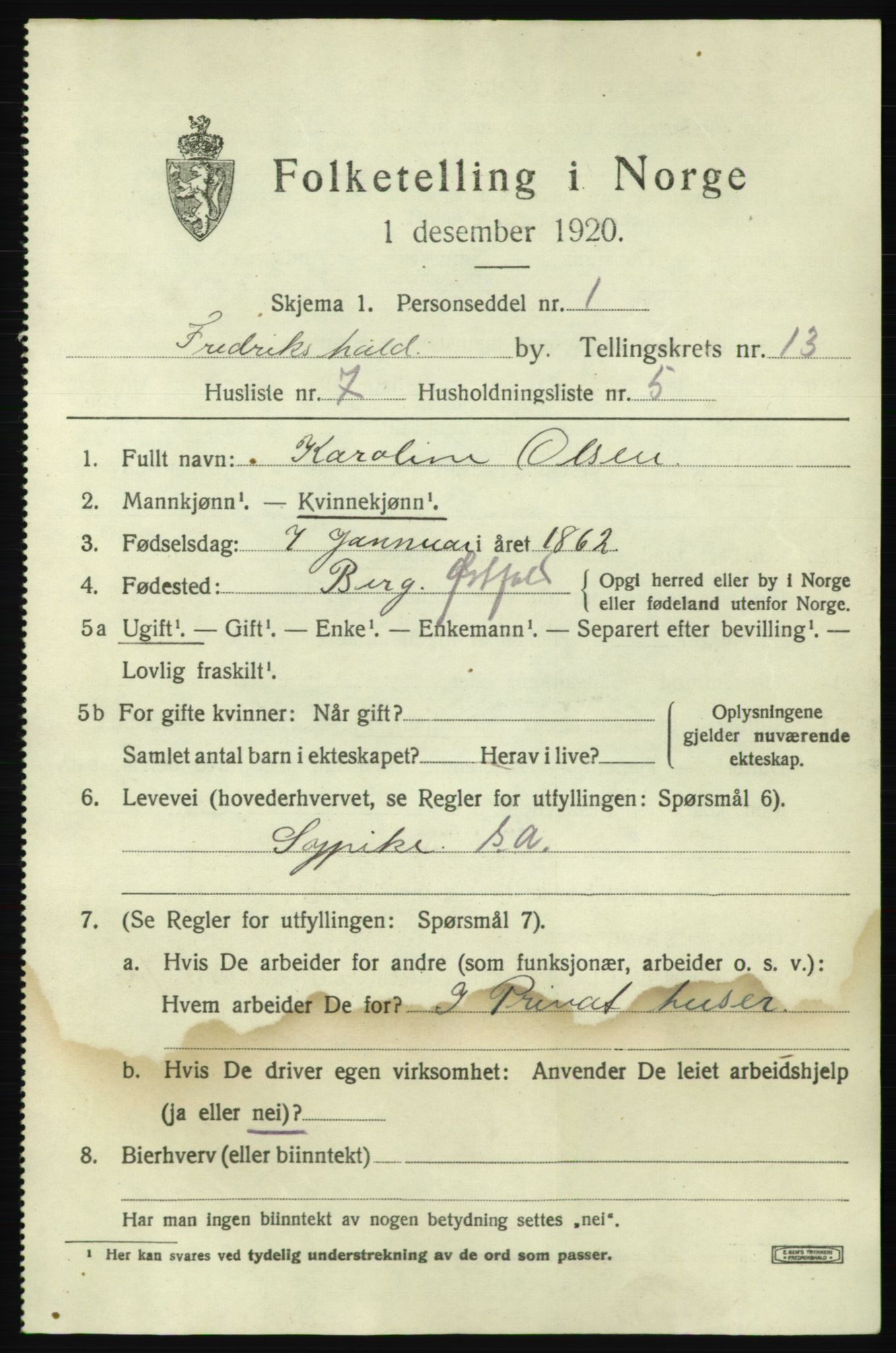 SAO, 1920 census for Fredrikshald, 1920, p. 20773