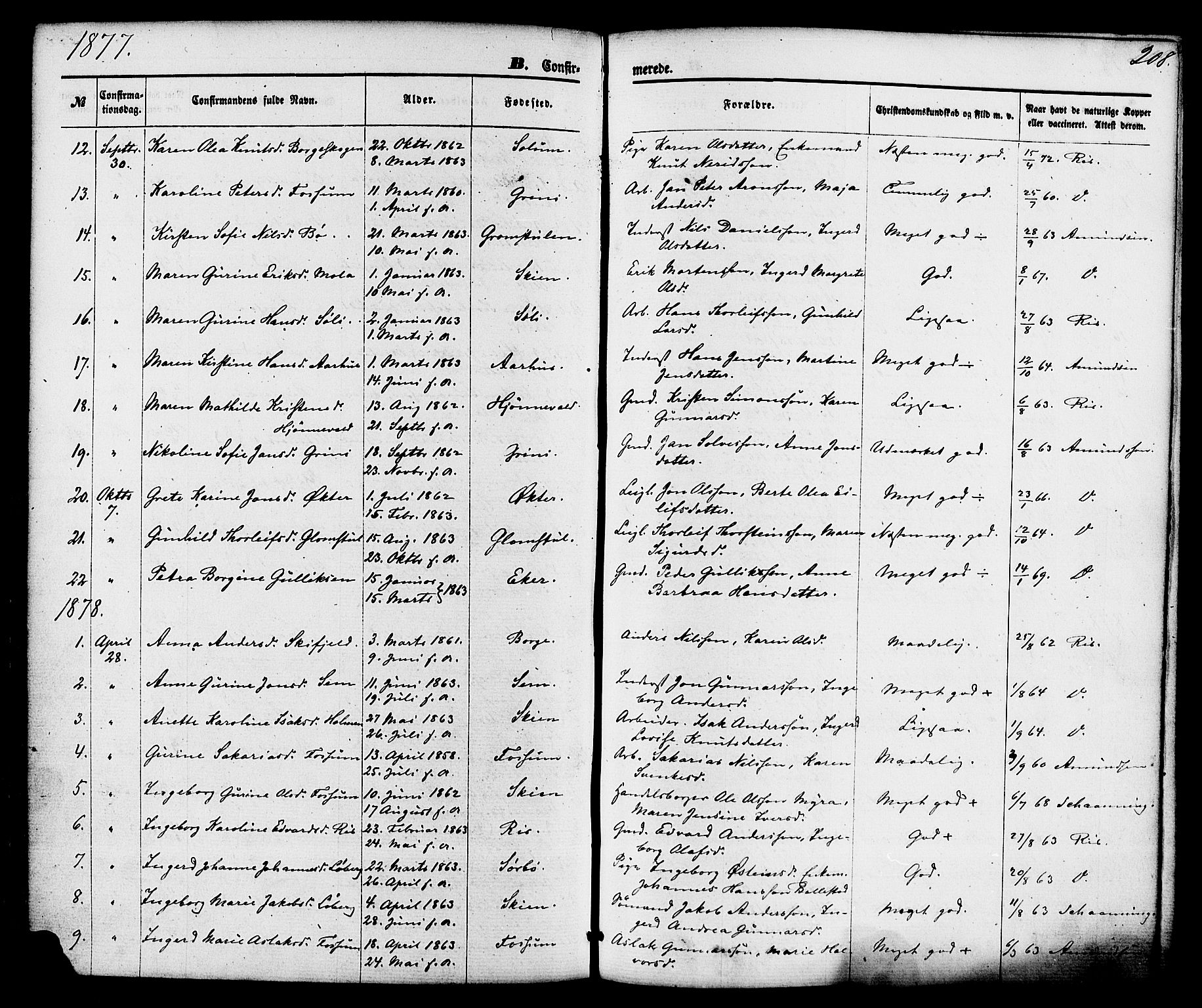 Gjerpen kirkebøker, SAKO/A-265/F/Fa/L0009: Parish register (official) no. I 9, 1872-1885, p. 208