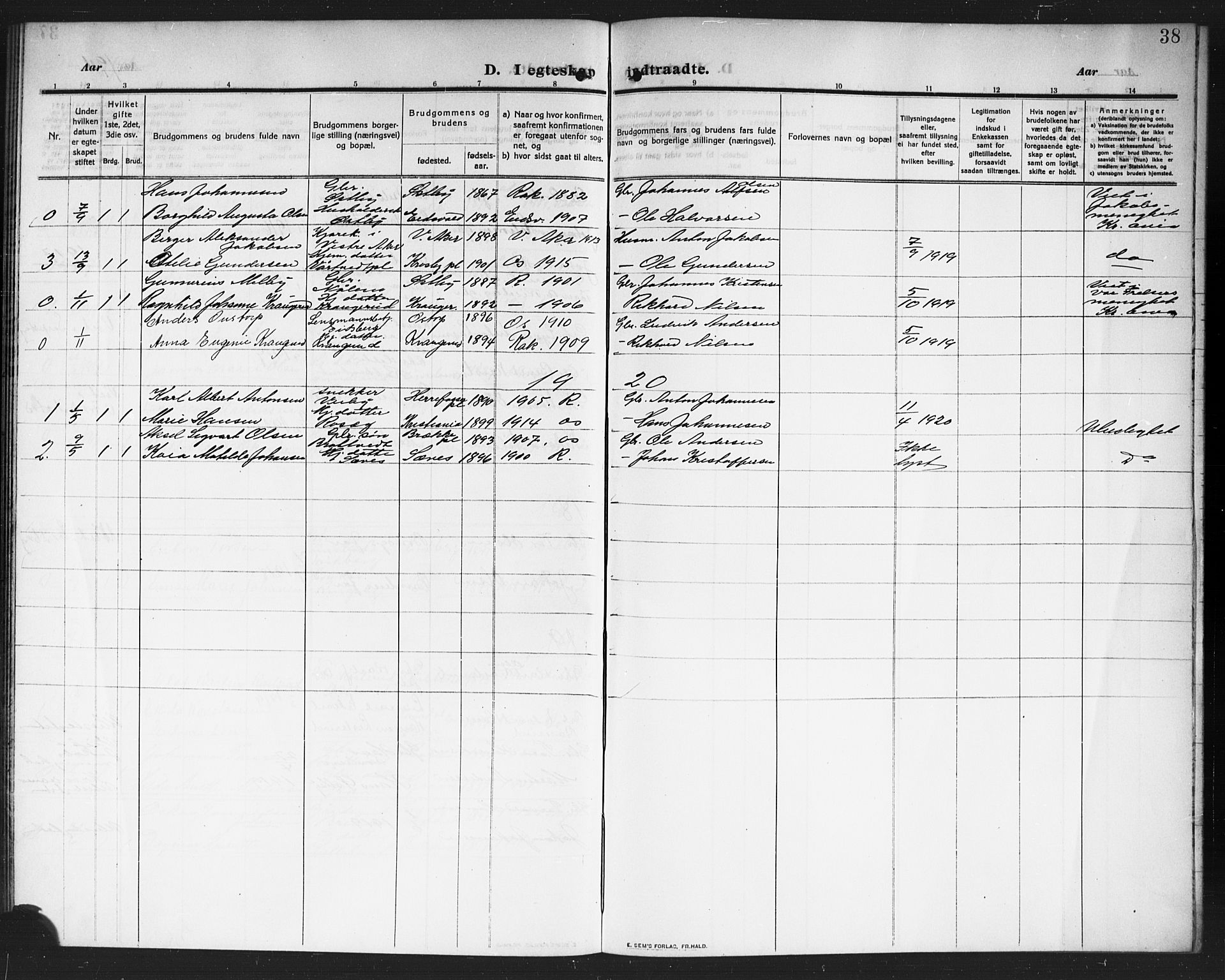 Rakkestad prestekontor Kirkebøker, AV/SAO-A-2008/G/Gc/L0002: Parish register (copy) no. III 2, 1909-1920, p. 38