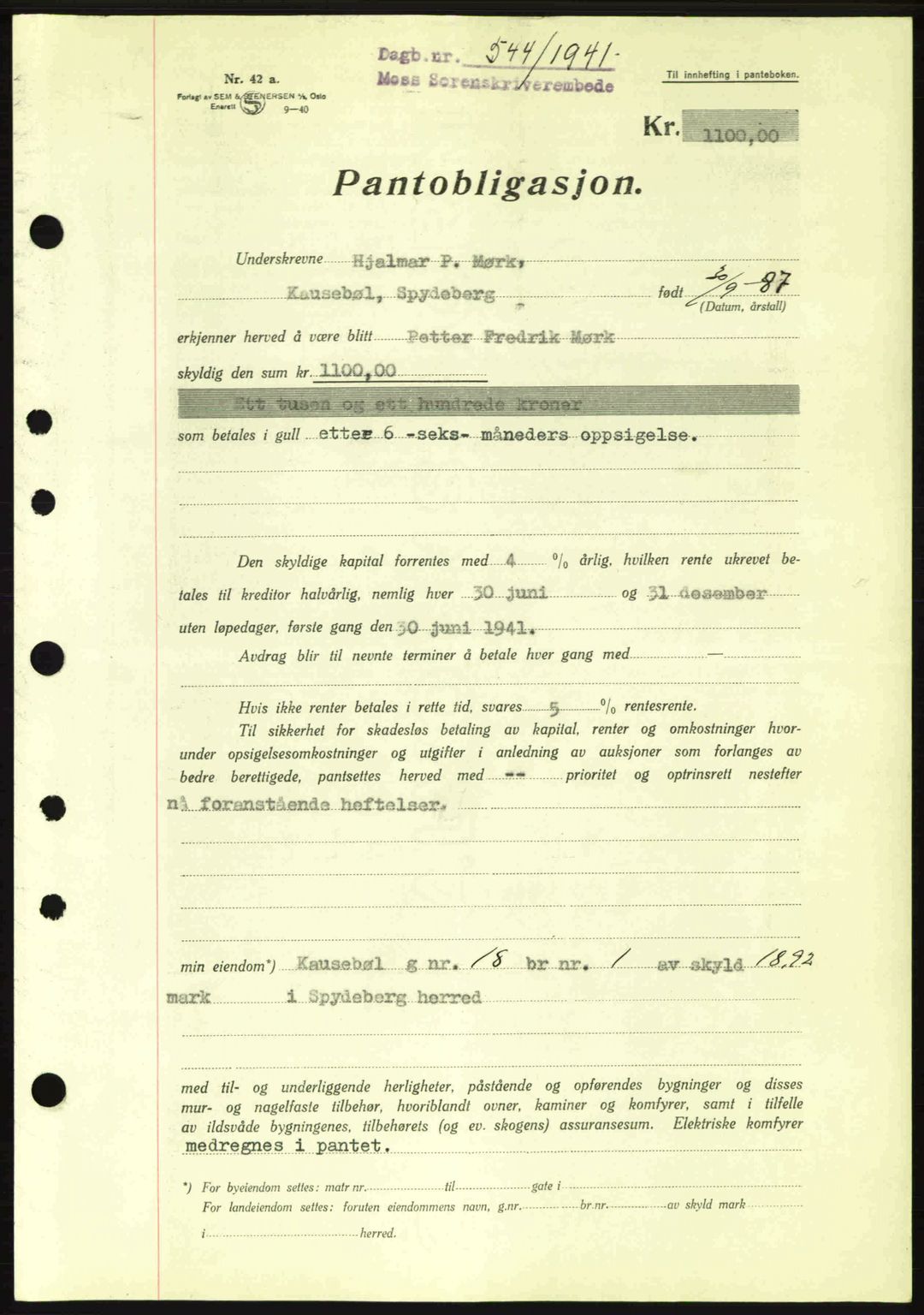 Moss sorenskriveri, SAO/A-10168: Mortgage book no. B10, 1940-1941, Diary no: : 544/1941