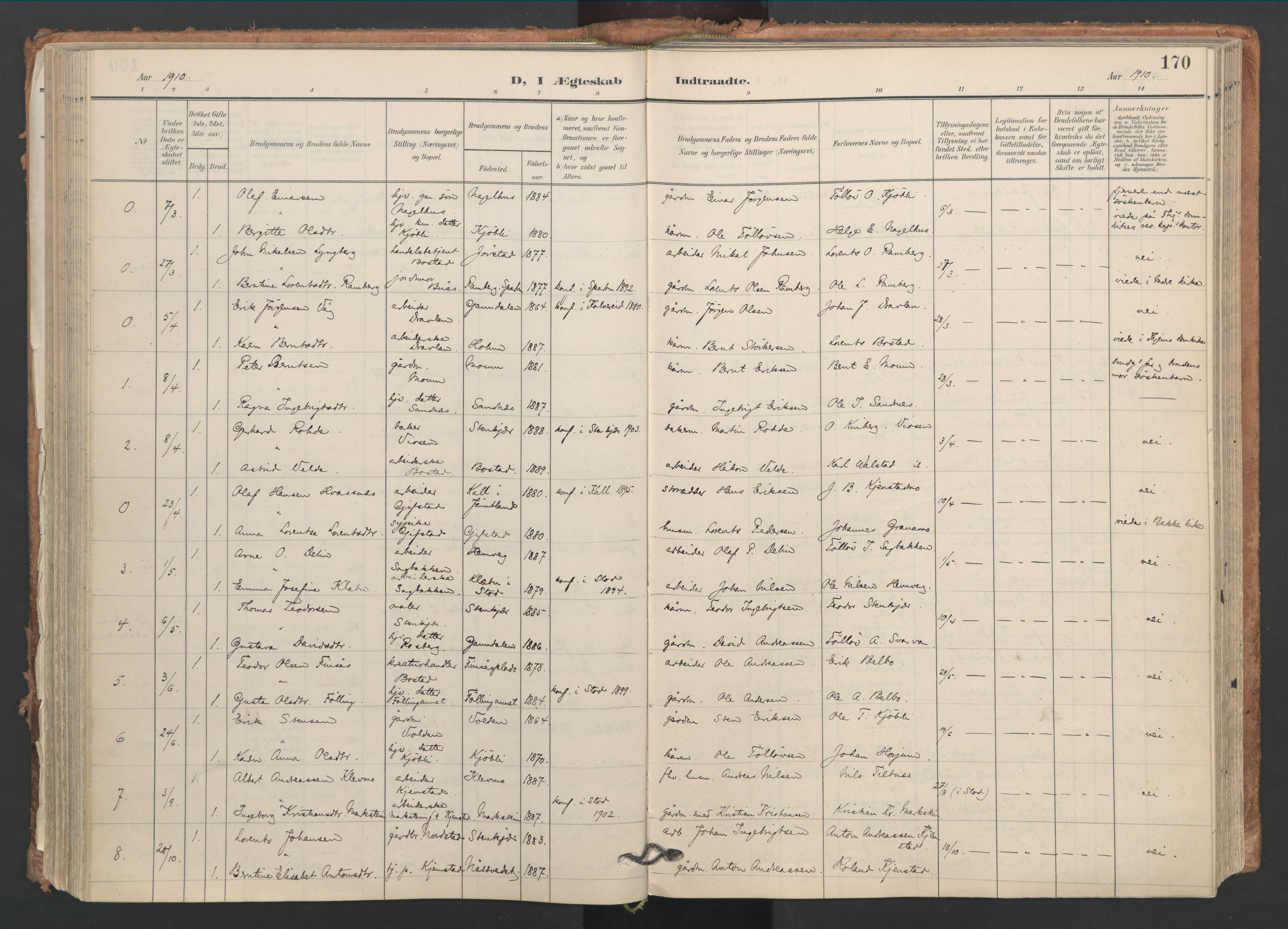 Ministerialprotokoller, klokkerbøker og fødselsregistre - Nord-Trøndelag, AV/SAT-A-1458/749/L0477: Parish register (official) no. 749A11, 1902-1927, p. 170