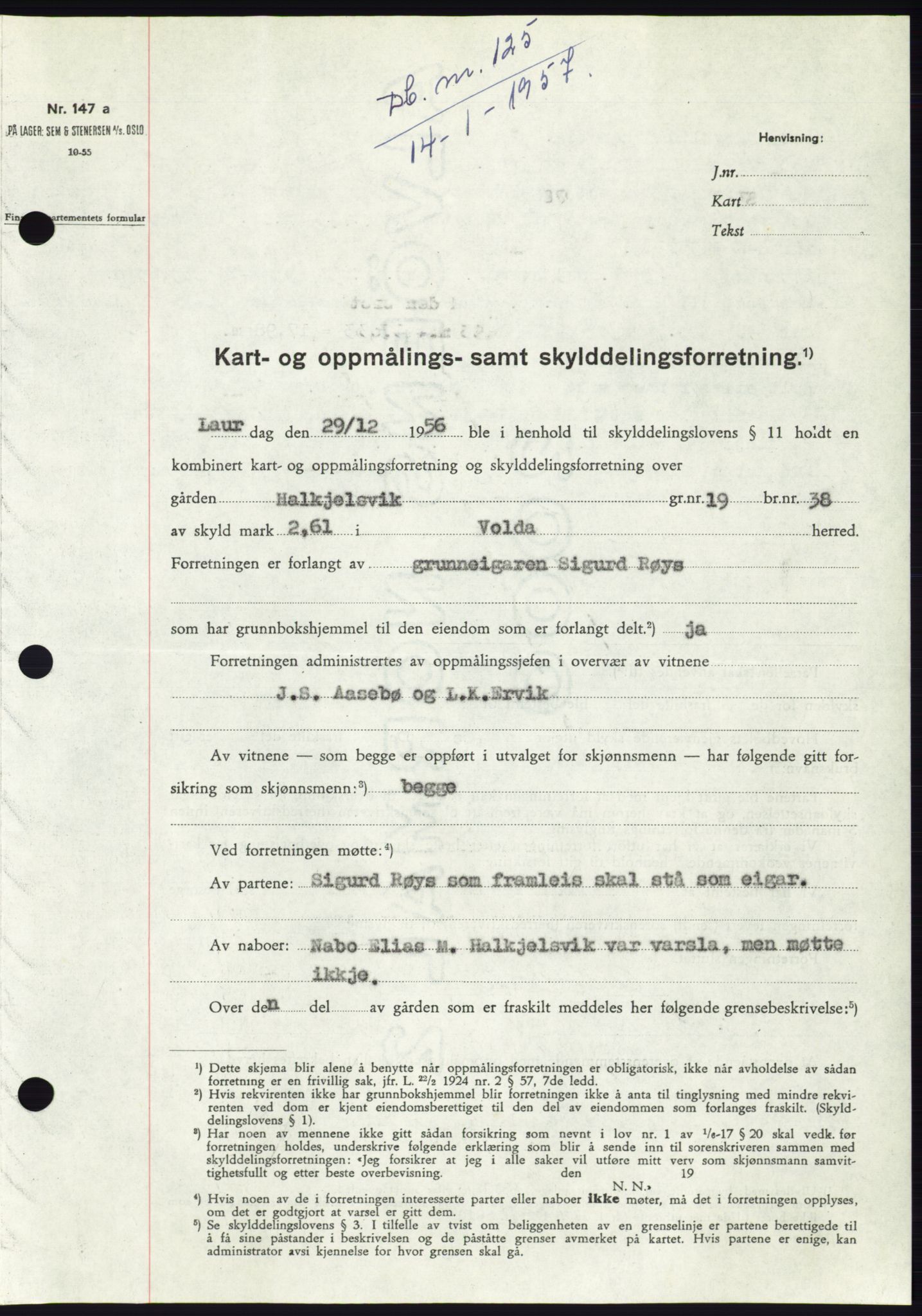 Søre Sunnmøre sorenskriveri, AV/SAT-A-4122/1/2/2C/L0105: Mortgage book no. 31A, 1956-1957, Diary no: : 125/1957