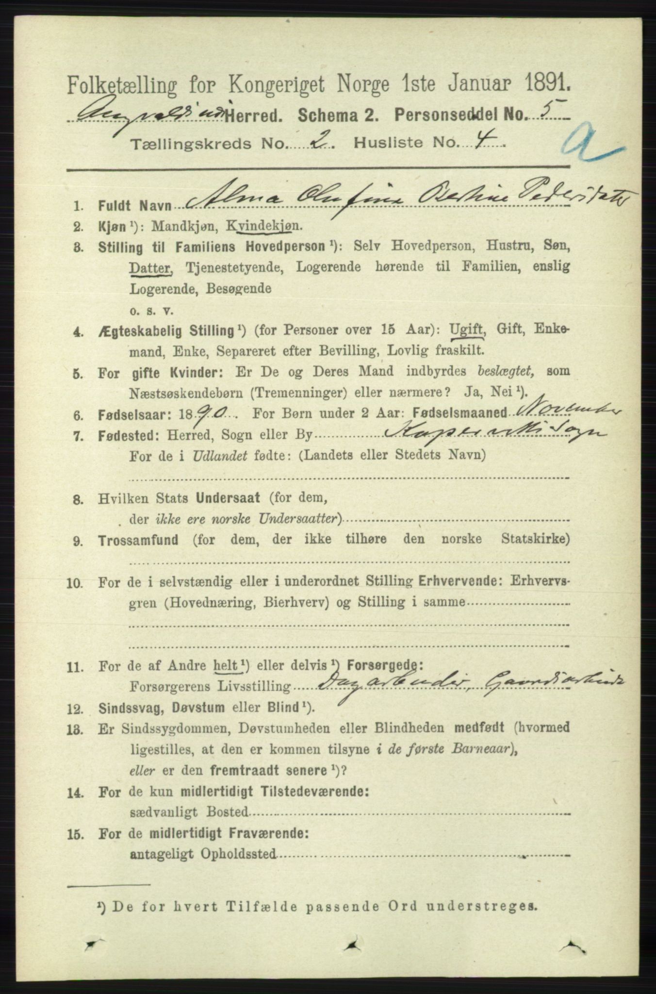 RA, 1891 census for 1147 Avaldsnes, 1891, p. 854