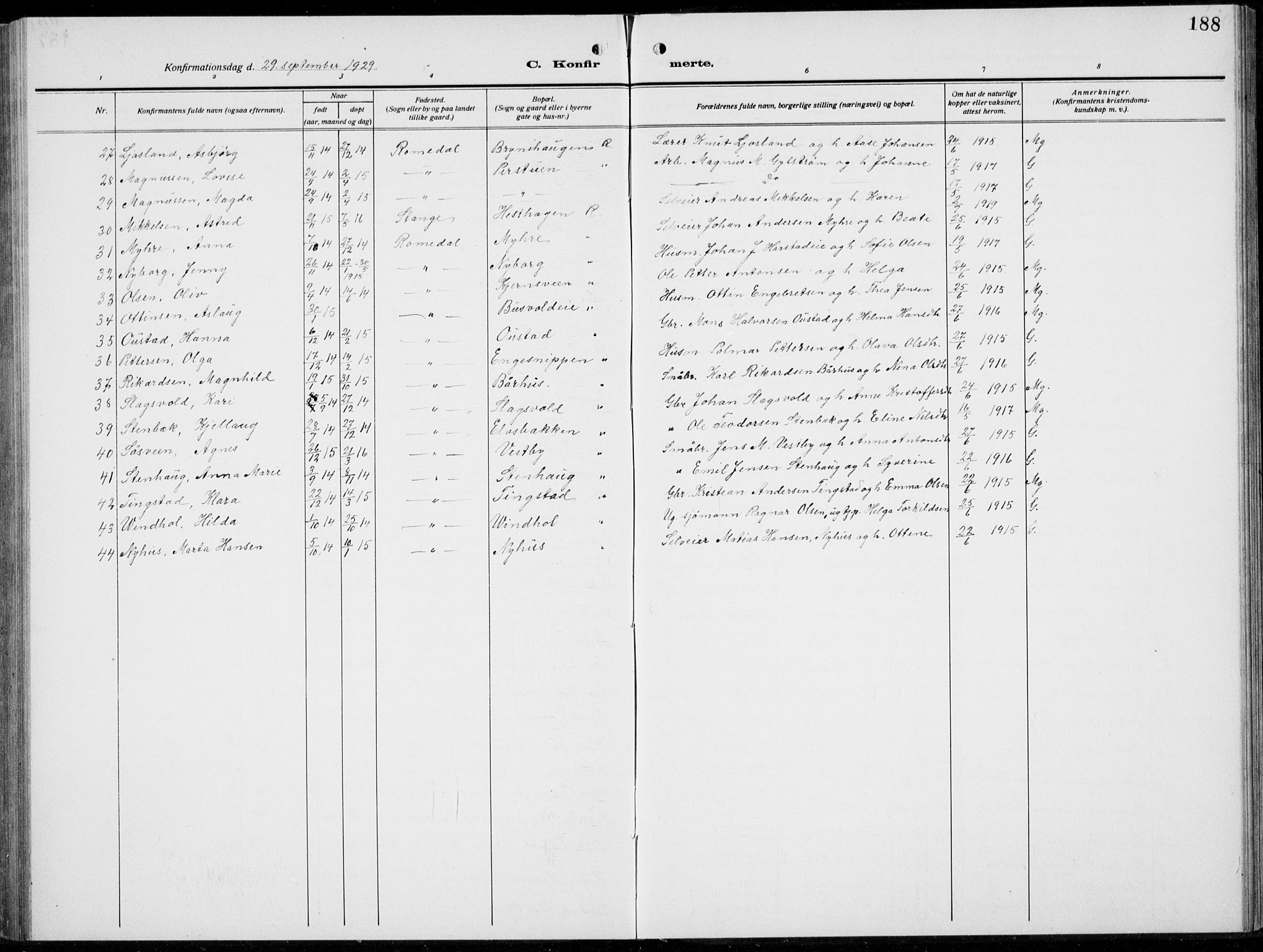 Romedal prestekontor, SAH/PREST-004/L/L0014: Parish register (copy) no. 14, 1915-1939, p. 188