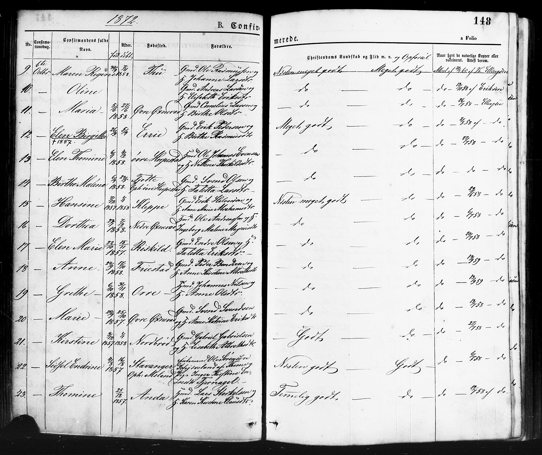 Klepp sokneprestkontor, AV/SAST-A-101803/001/3/30BA/L0006: Parish register (official) no. A 6, 1871-1885, p. 148