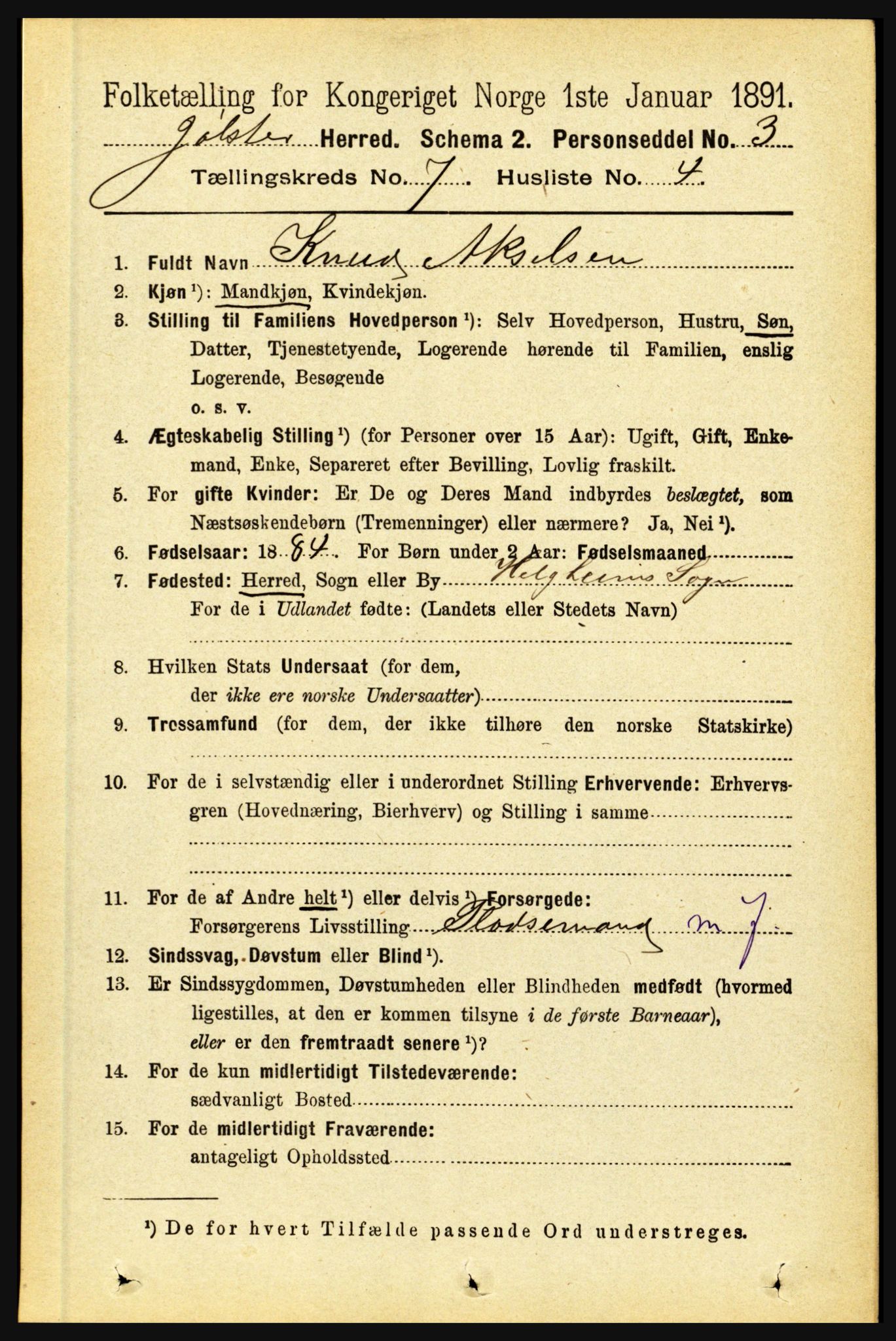 RA, 1891 census for 1431 Jølster, 1891, p. 2489