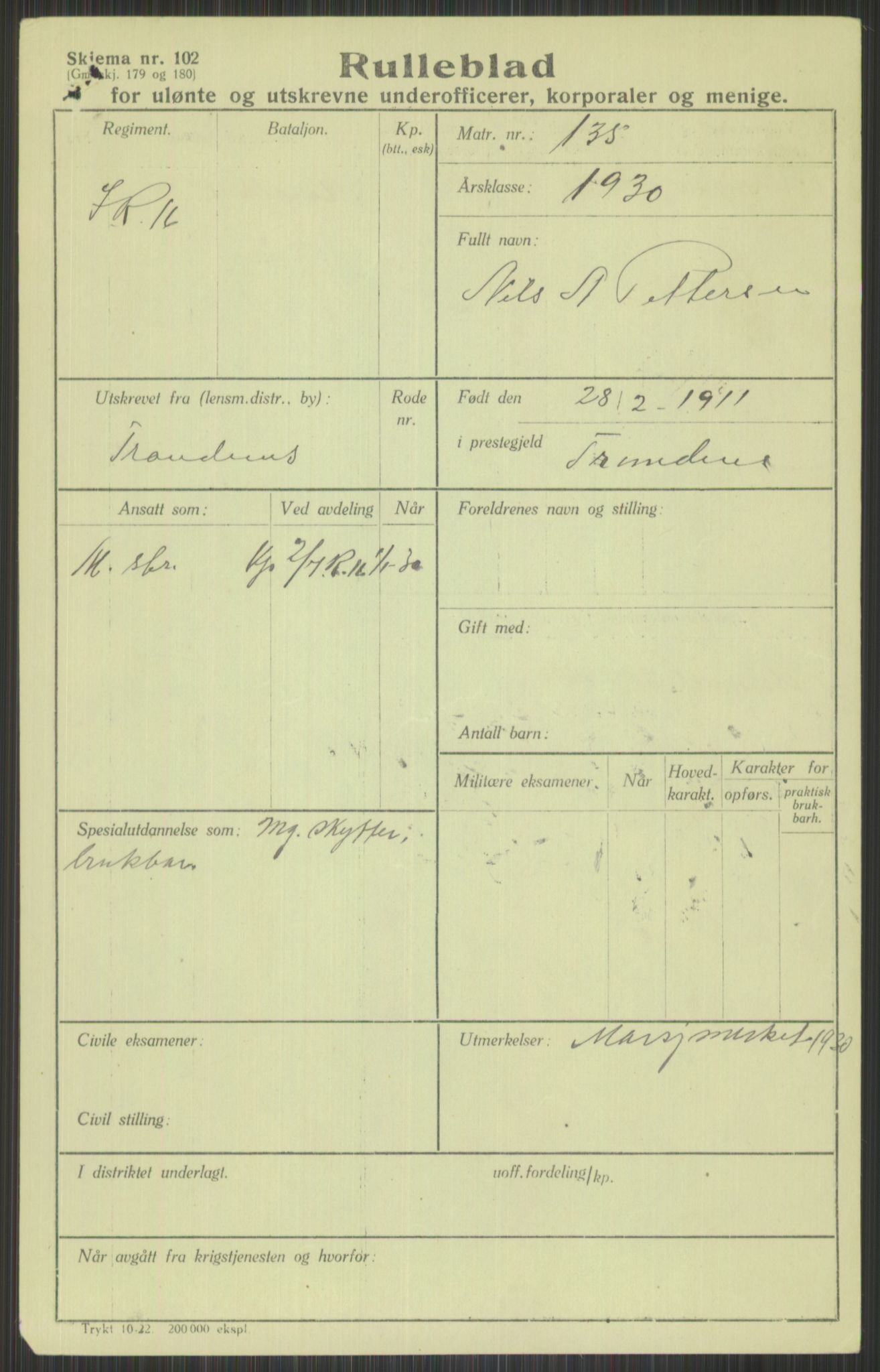 Forsvaret, Troms infanteriregiment nr. 16, AV/RA-RAFA-3146/P/Pa/L0014: Rulleblad for regimentets menige mannskaper, årsklasse 1930, 1930, p. 893