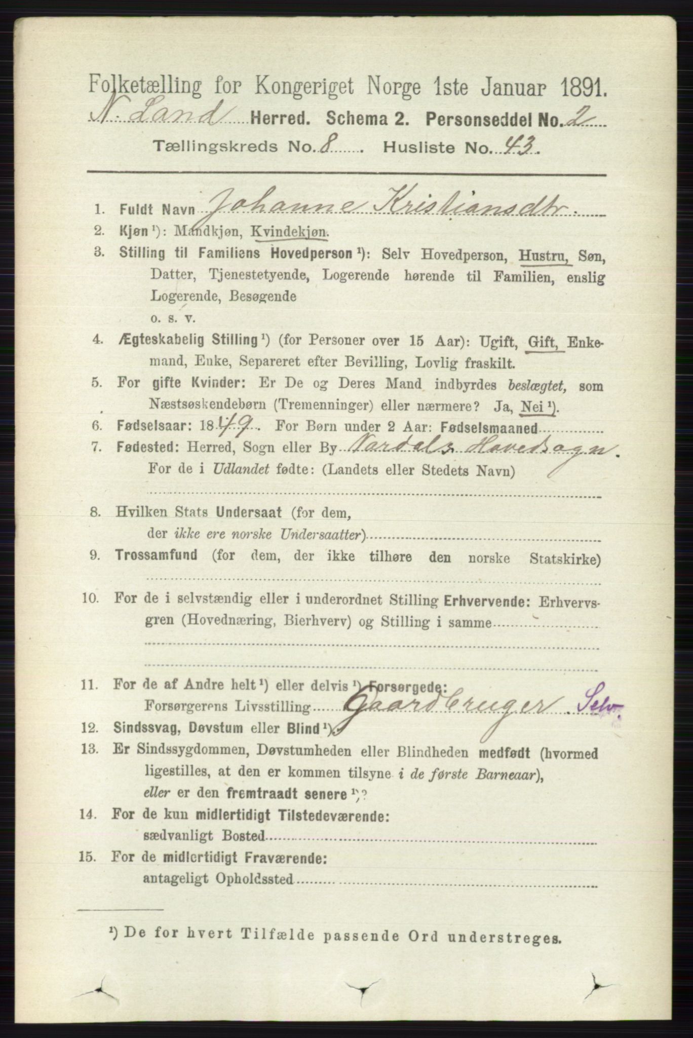 RA, 1891 census for 0538 Nordre Land, 1891, p. 2460