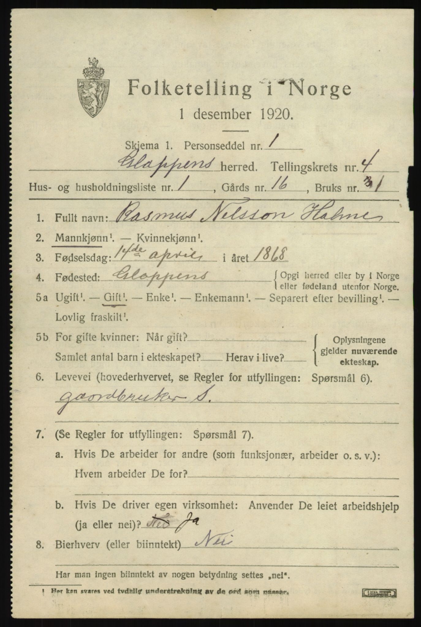 SAB, 1920 census for Gloppen, 1920, p. 2764