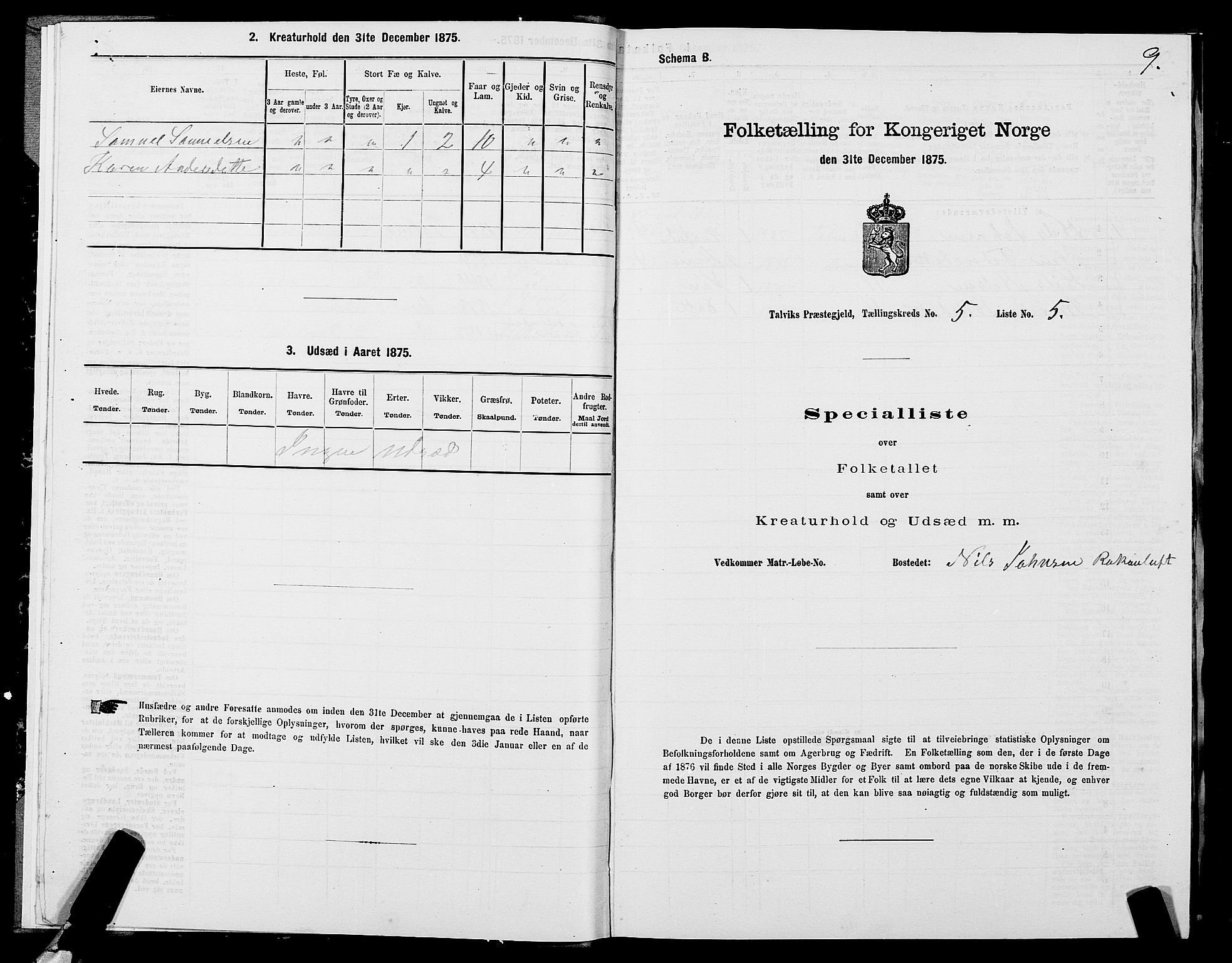 SATØ, 1875 census for 2013P Talvik, 1875, p. 3009