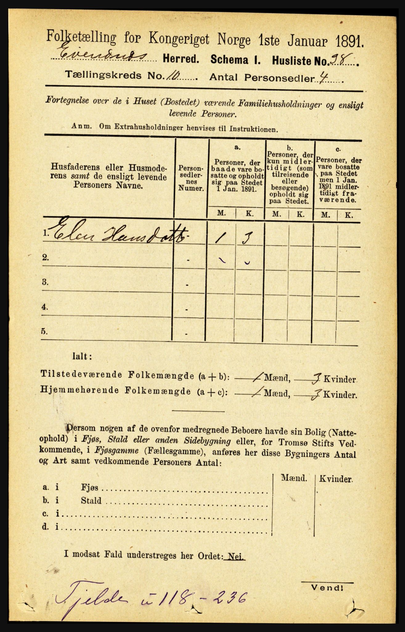 RA, 1891 census for 1853 Evenes, 1891, p. 3126