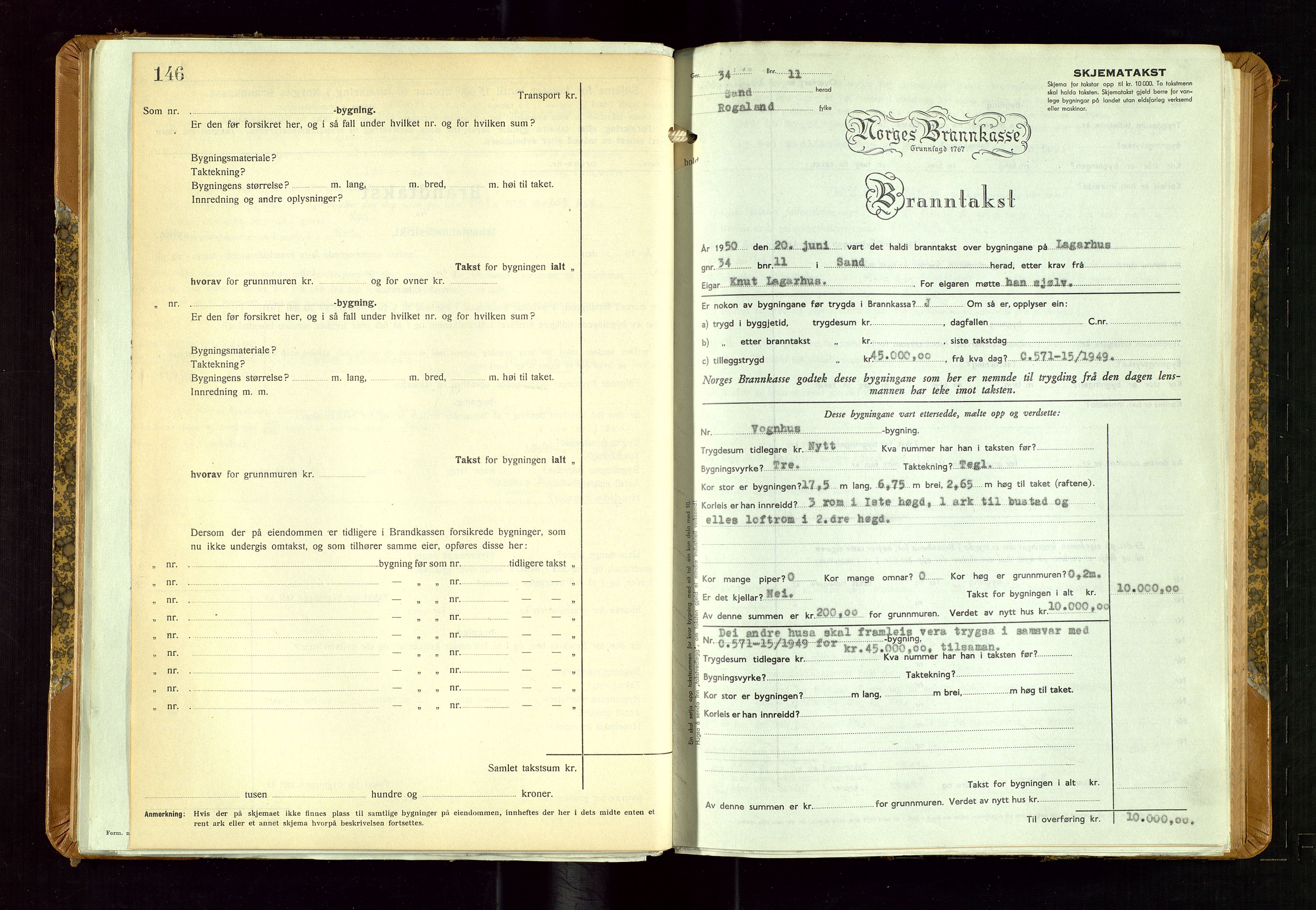 Sand lensmannskontor, SAST/A-100415/Goc/L0002: "Brandtaxationsprotokol", 1936-1952, p. 146-147