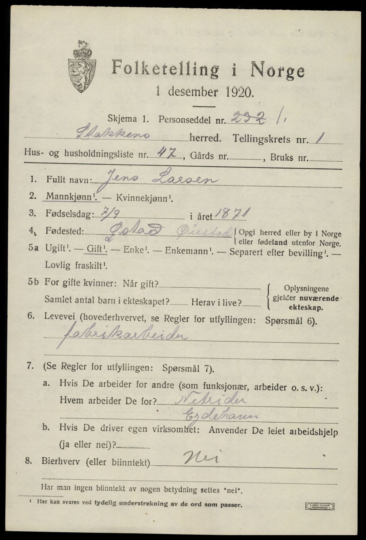 SAK, 1920 census for Stokken, 1920, p. 1032