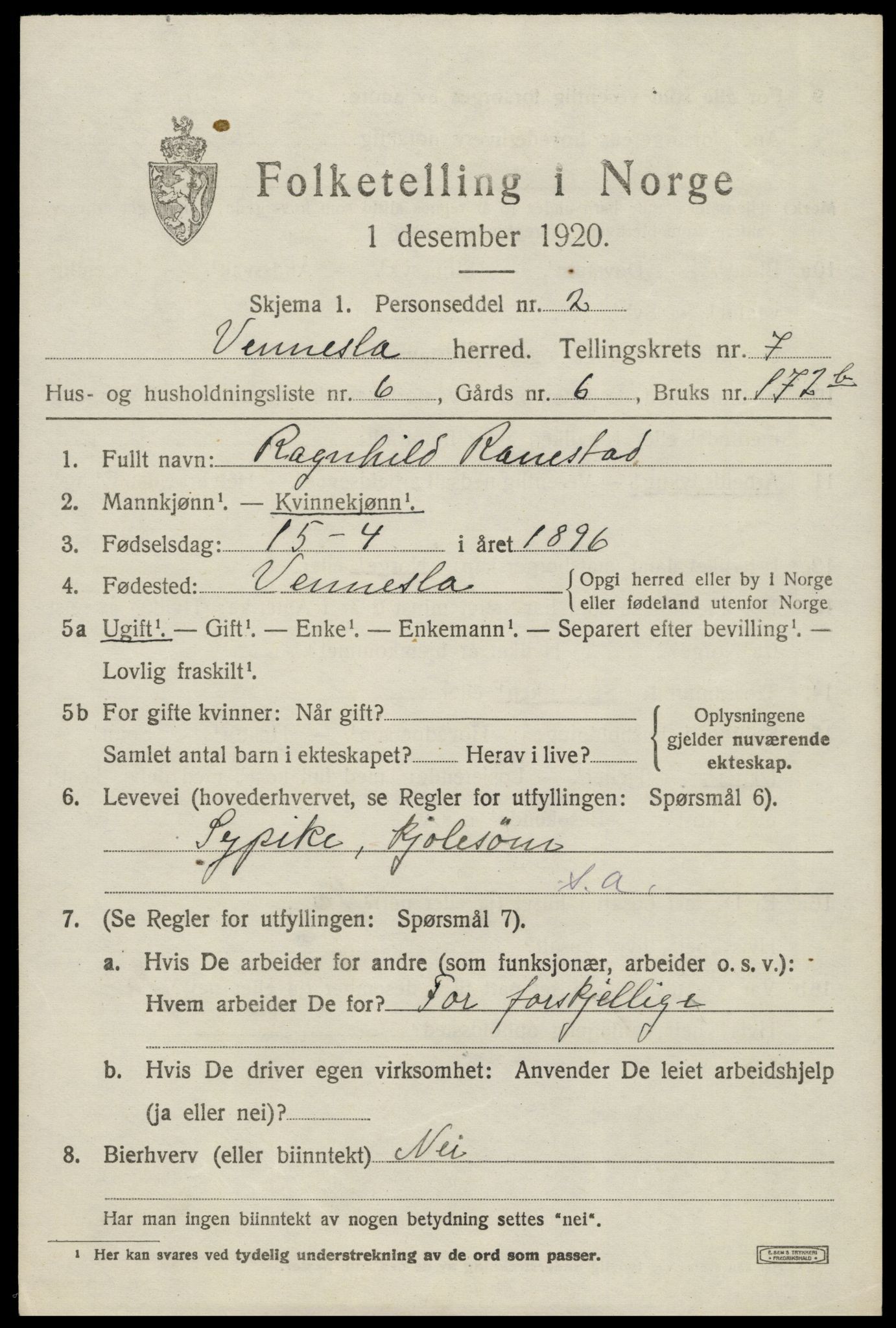SAK, 1920 census for Vennesla, 1920, p. 4822