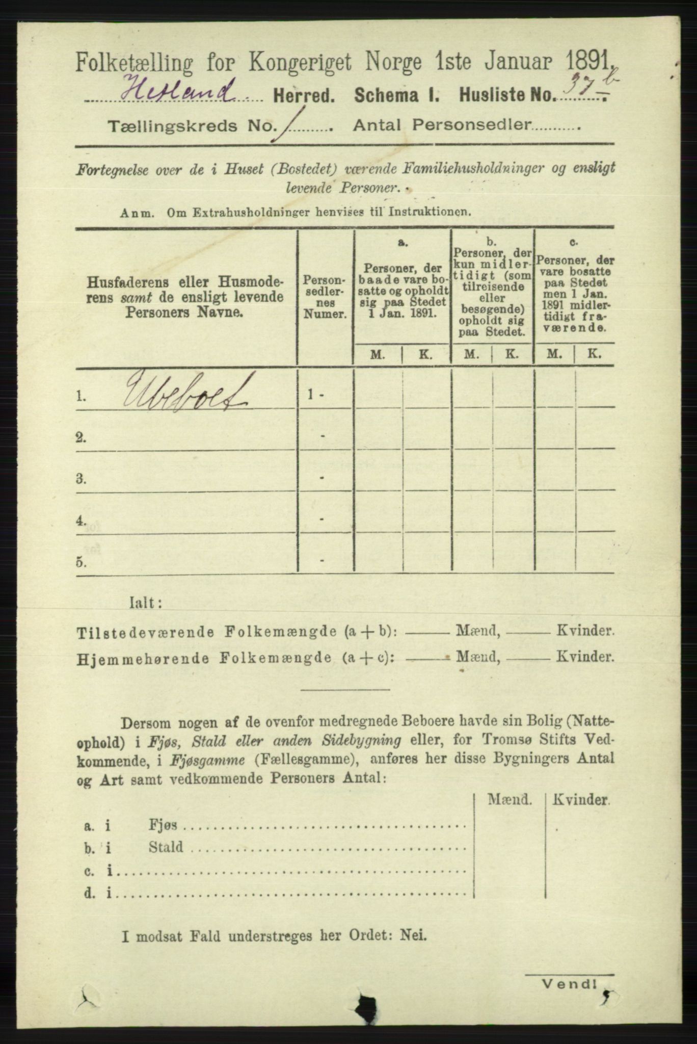 RA, 1891 census for 1126 Hetland, 1891, p. 70