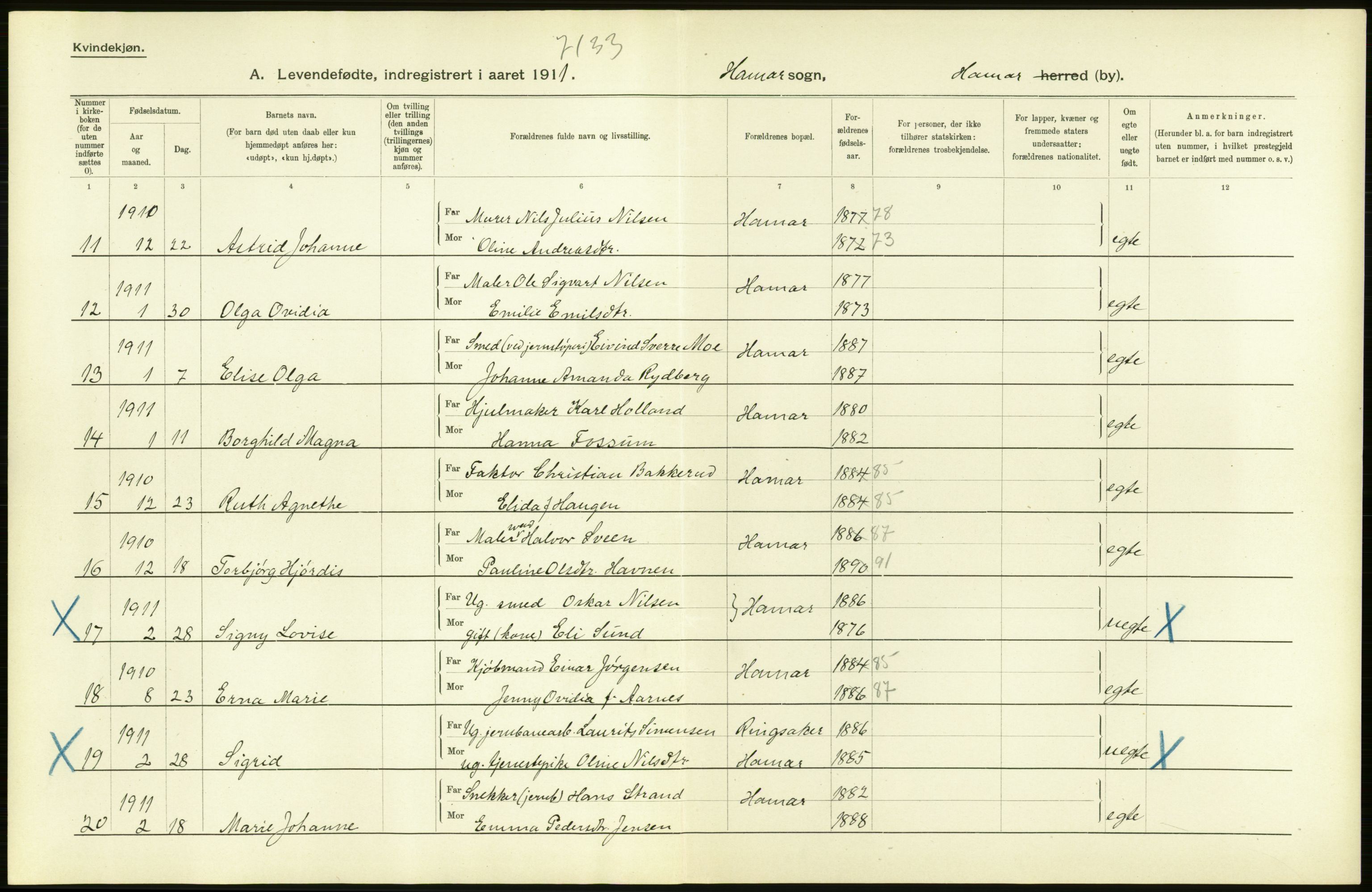 Statistisk sentralbyrå, Sosiodemografiske emner, Befolkning, AV/RA-S-2228/D/Df/Dfb/Dfba/L0011: Hedemarkens amt: Levendefødte menn og kvinner. Bygder og byer., 1911, p. 34