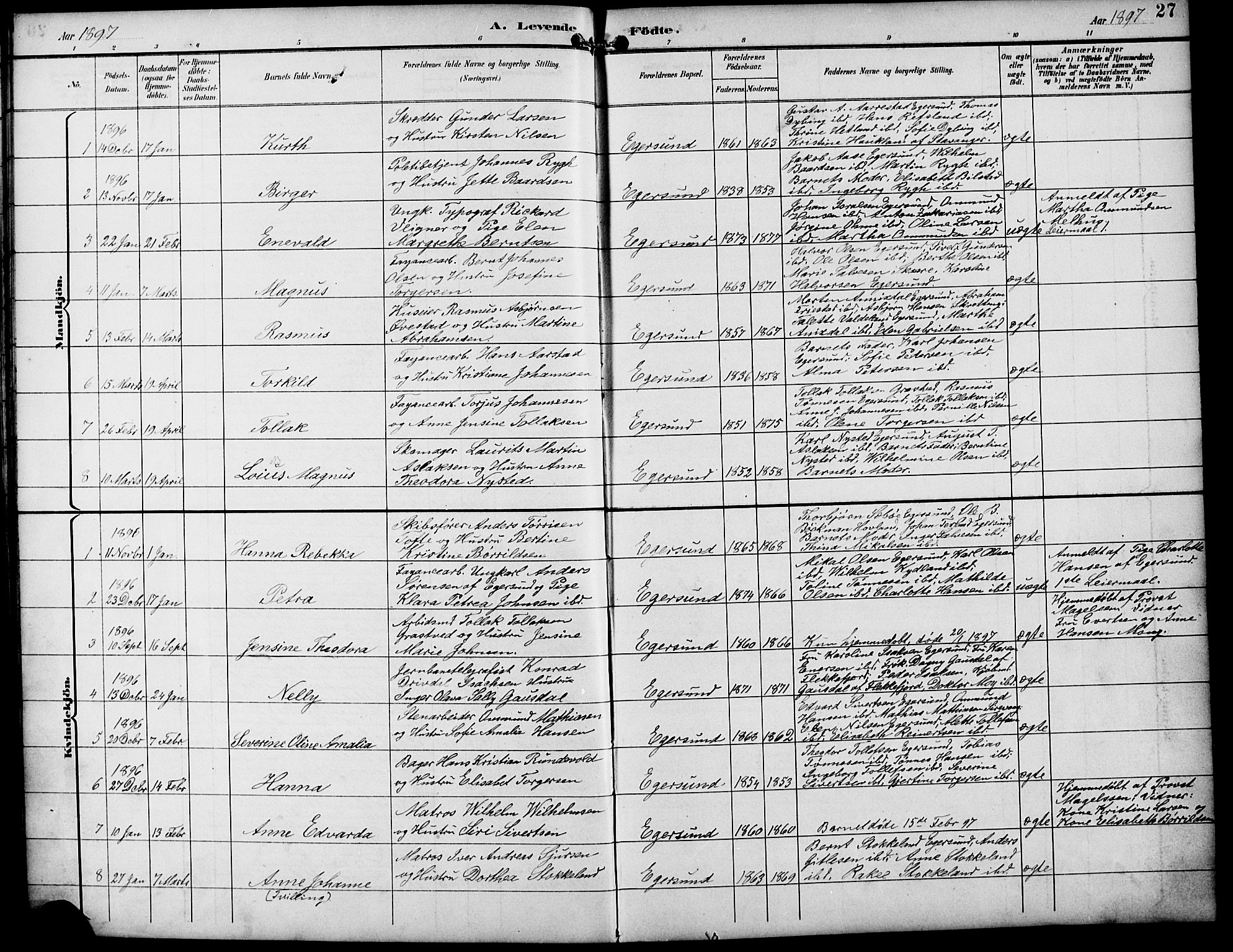 Eigersund sokneprestkontor, AV/SAST-A-101807/001/30/30BB/L0010: Parish register (copy) no. B 10, 1893-1907, p. 27