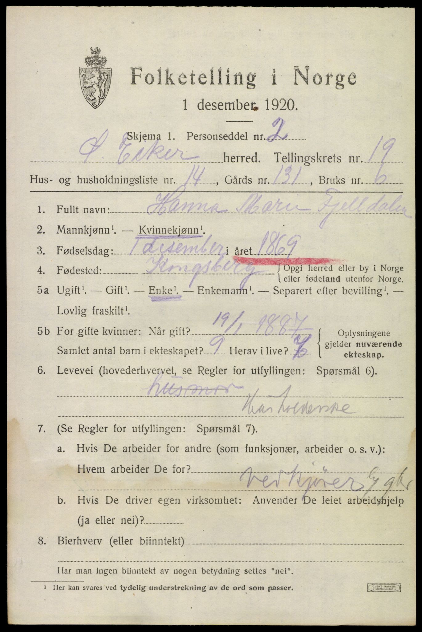 SAKO, 1920 census for Øvre Eiker, 1920, p. 22218