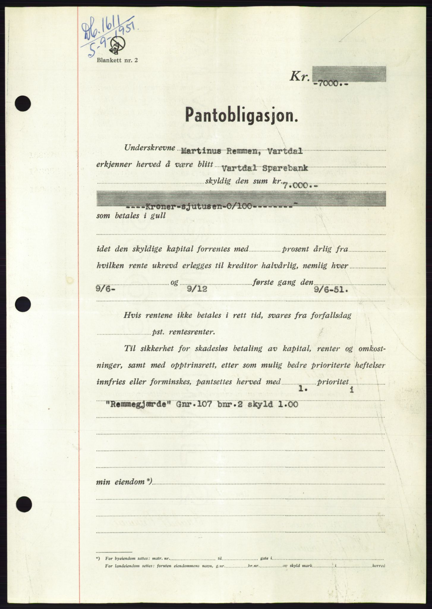 Søre Sunnmøre sorenskriveri, AV/SAT-A-4122/1/2/2C/L0120: Mortgage book no. 8B, 1951-1951, Diary no: : 1611/1951