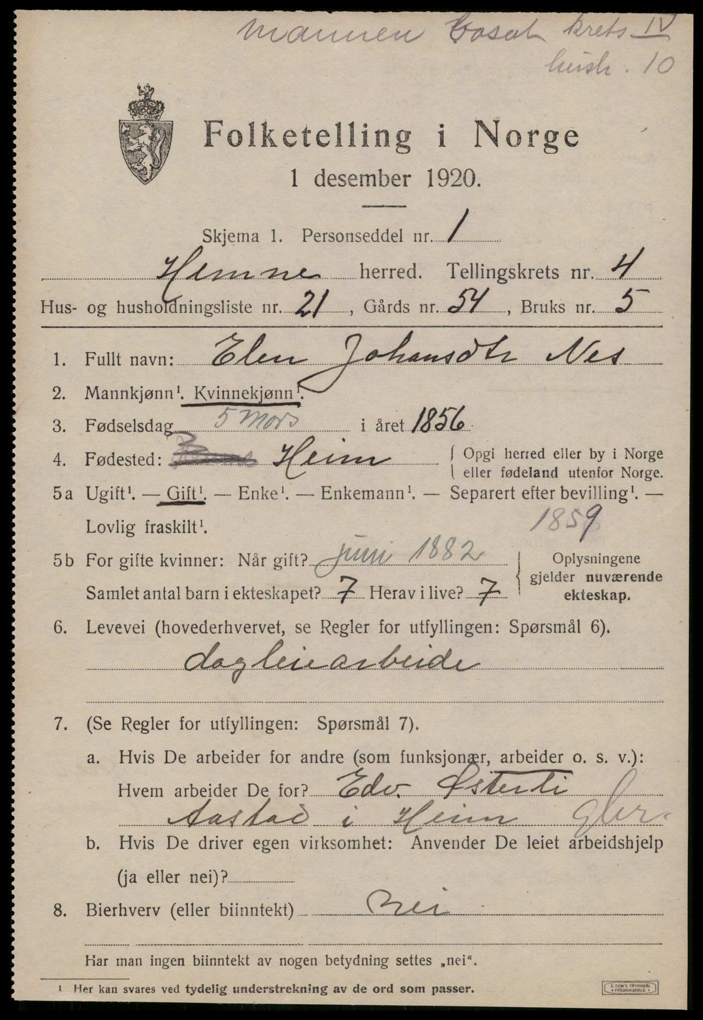 SAT, 1920 census for Hemne, 1920, p. 3096