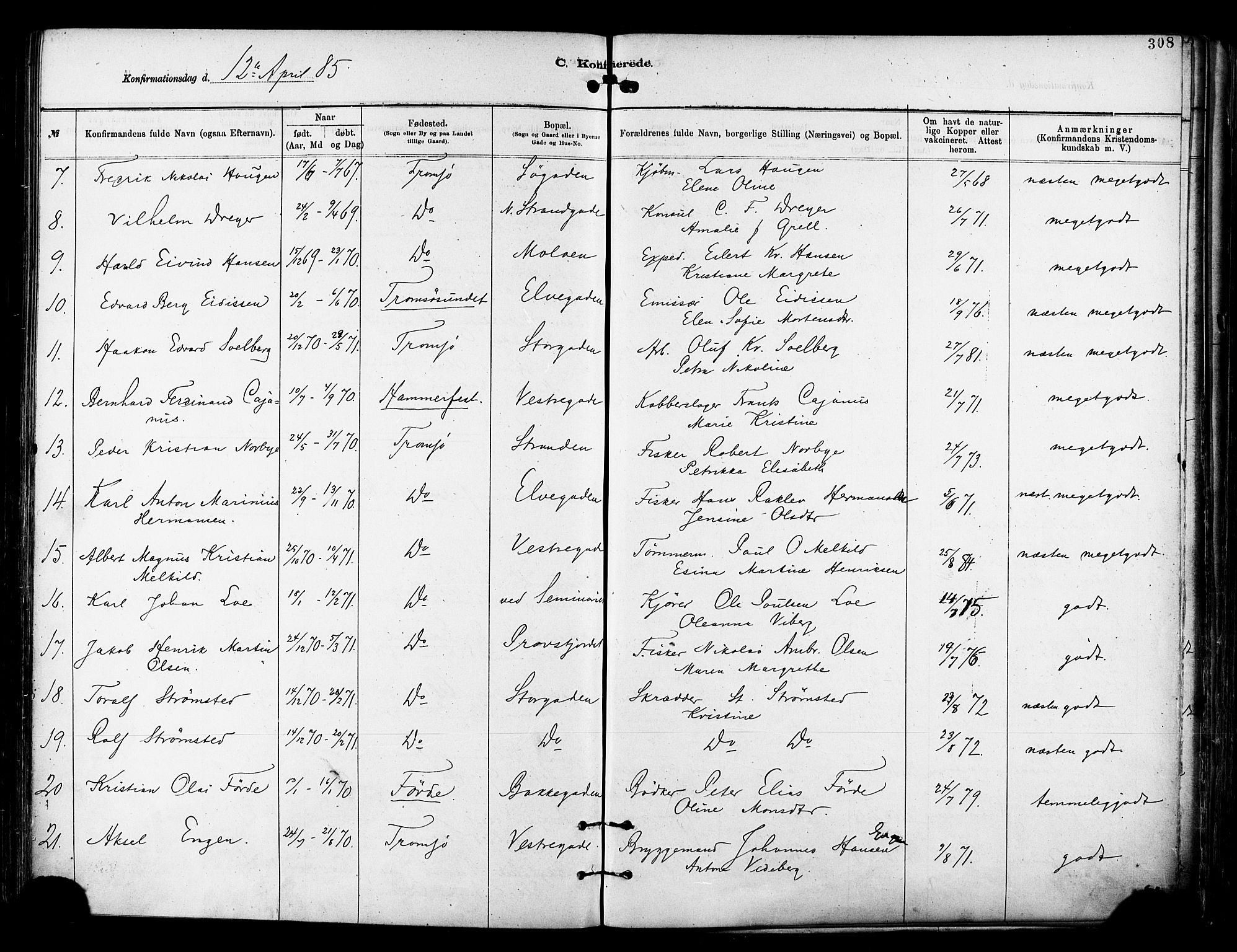 Tromsø sokneprestkontor/stiftsprosti/domprosti, SATØ/S-1343/G/Ga/L0014kirke: Parish register (official) no. 14, 1878-1888, p. 308