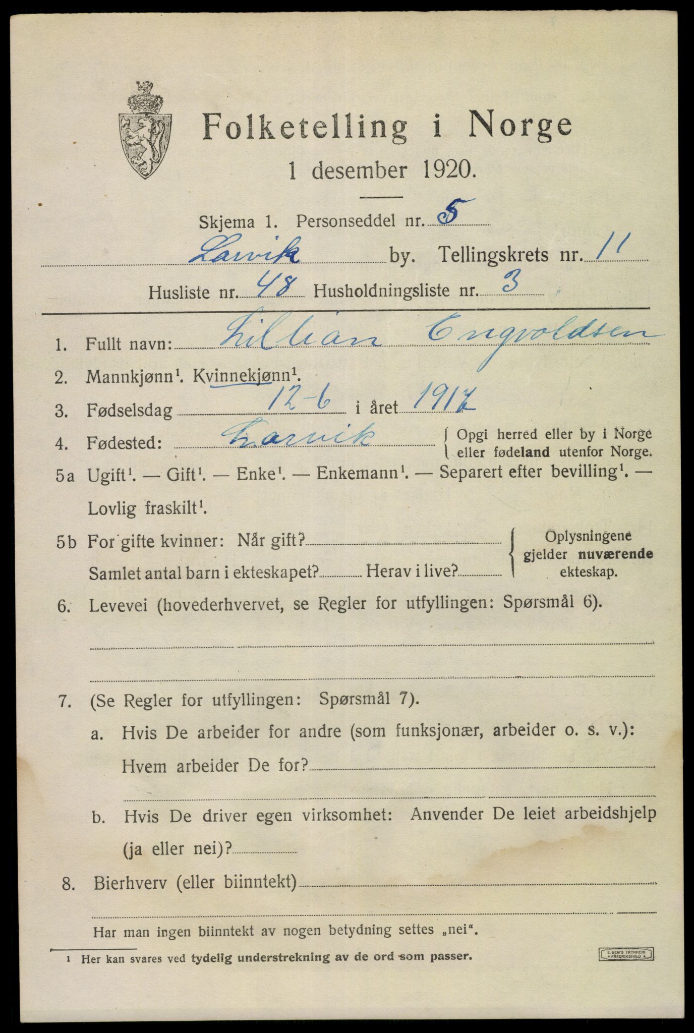 SAKO, 1920 census for Larvik, 1920, p. 29294