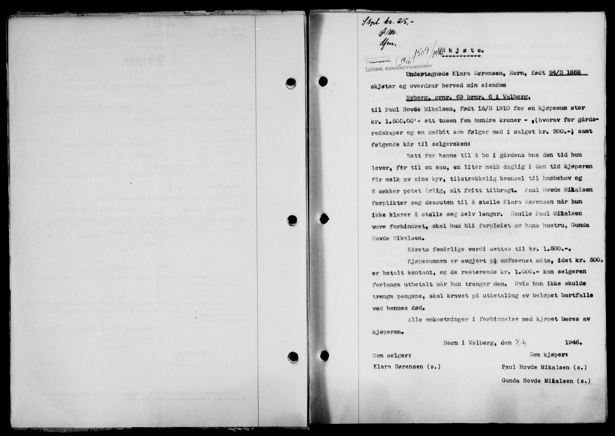 Lofoten sorenskriveri, SAT/A-0017/1/2/2C/L0014a: Mortgage book no. 14a, 1946-1946, Diary no: : 1509/1946
