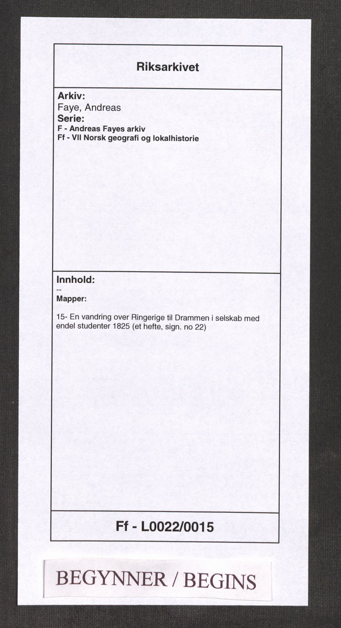 Faye, Andreas, AV/RA-PA-0015/F/Ff/L0022/0015: -- / En vandring over Ringerige til Drammen i selskab med endel studenter 1825 (et hefte, sign. no 22), 1825