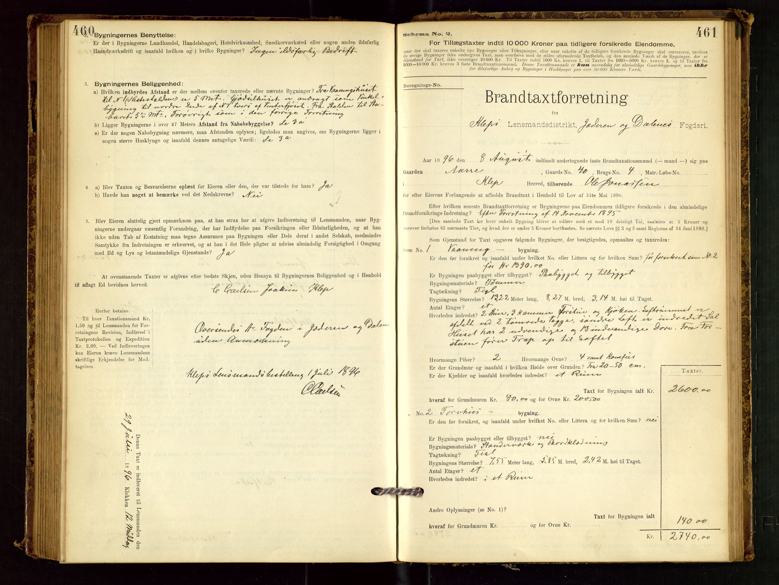 Klepp lensmannskontor, SAST/A-100163/Goc/L0001: "Brandtaxationsprotokol" m/register, 1895-1898, p. 460-461