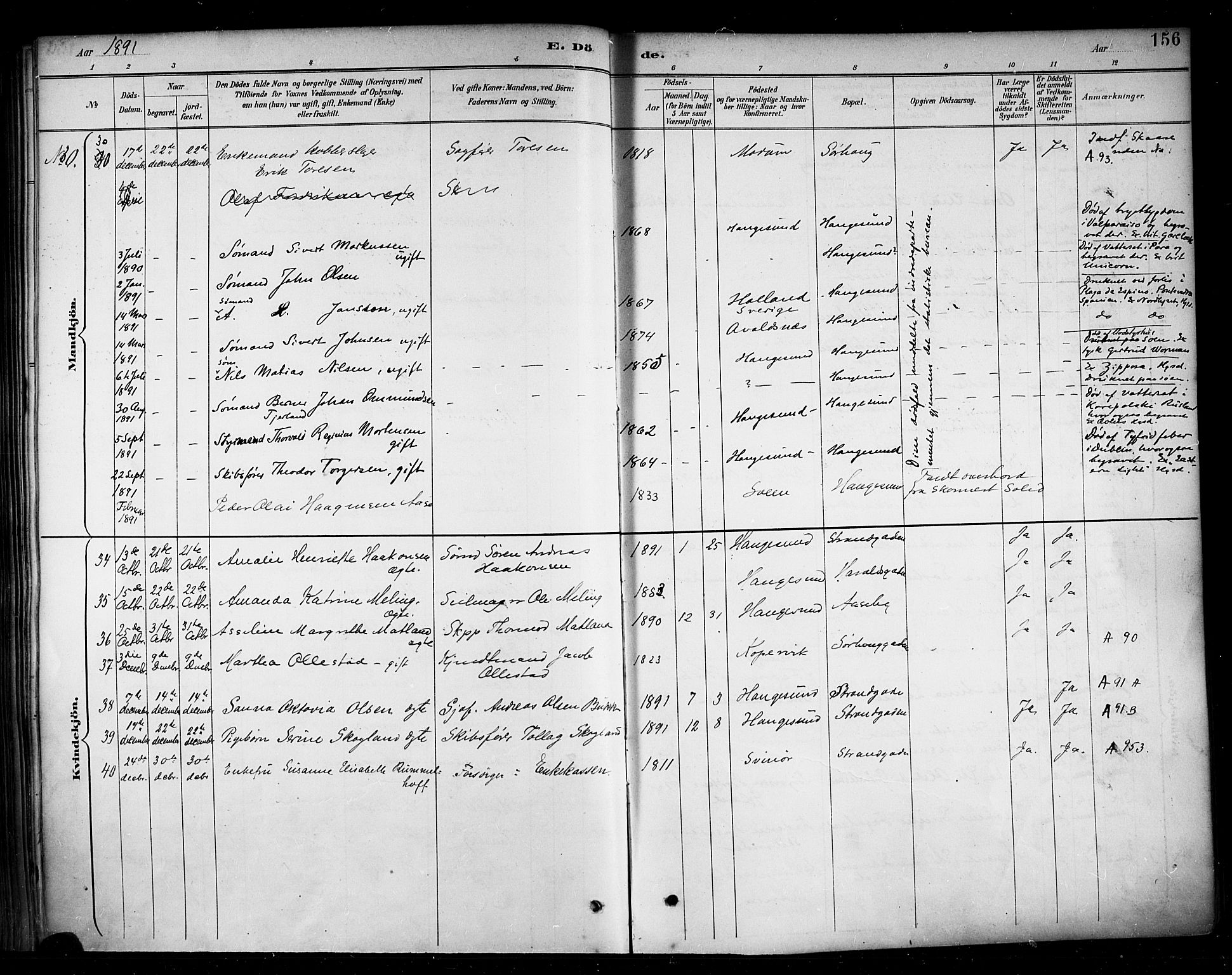 Haugesund sokneprestkontor, AV/SAST-A -101863/H/Ha/Haa/L0005: Parish register (official) no. A 5, 1891-1903, p. 156