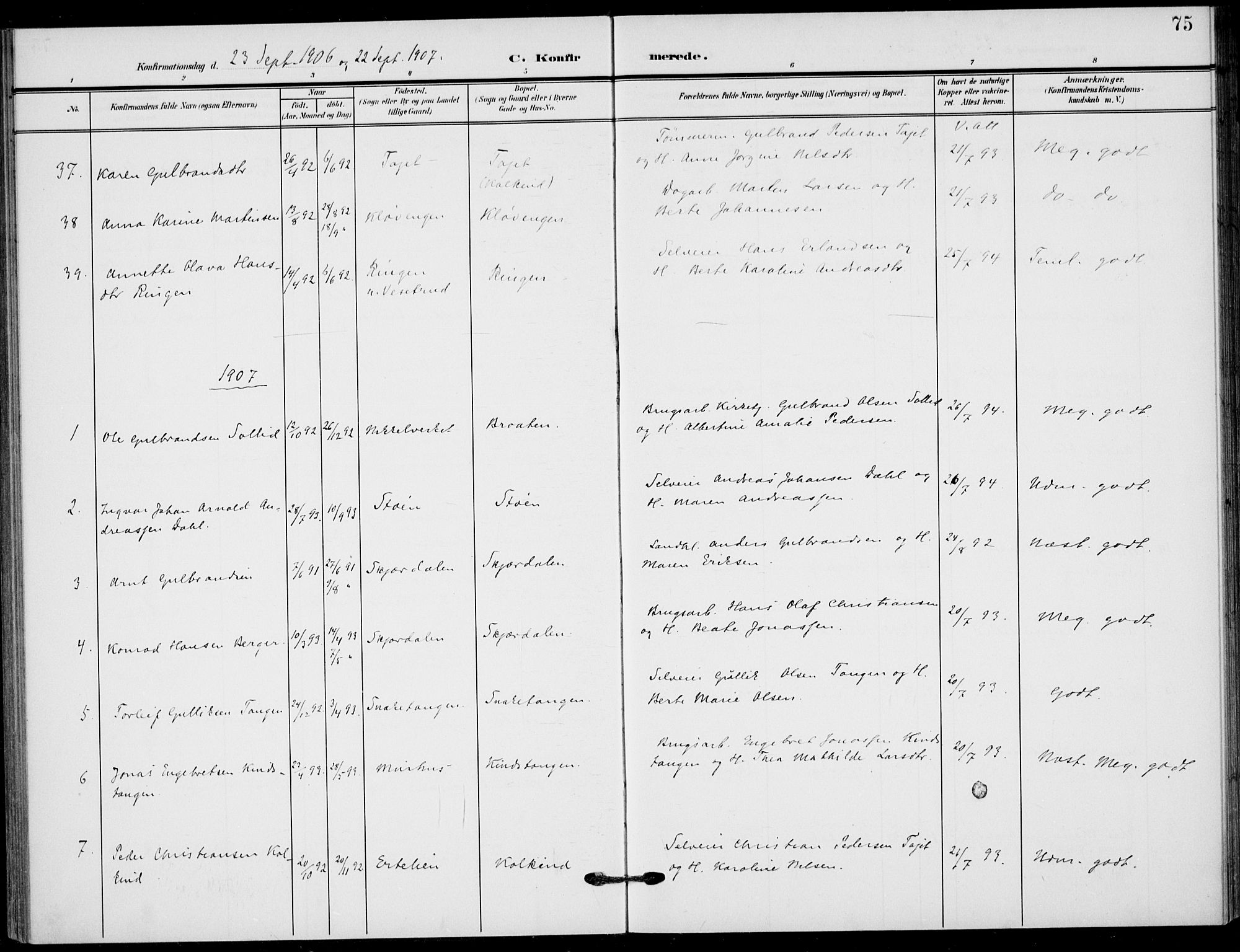 Hole kirkebøker, AV/SAKO-A-228/F/Fb/L0003: Parish register (official) no. II 3, 1906-1916, p. 75