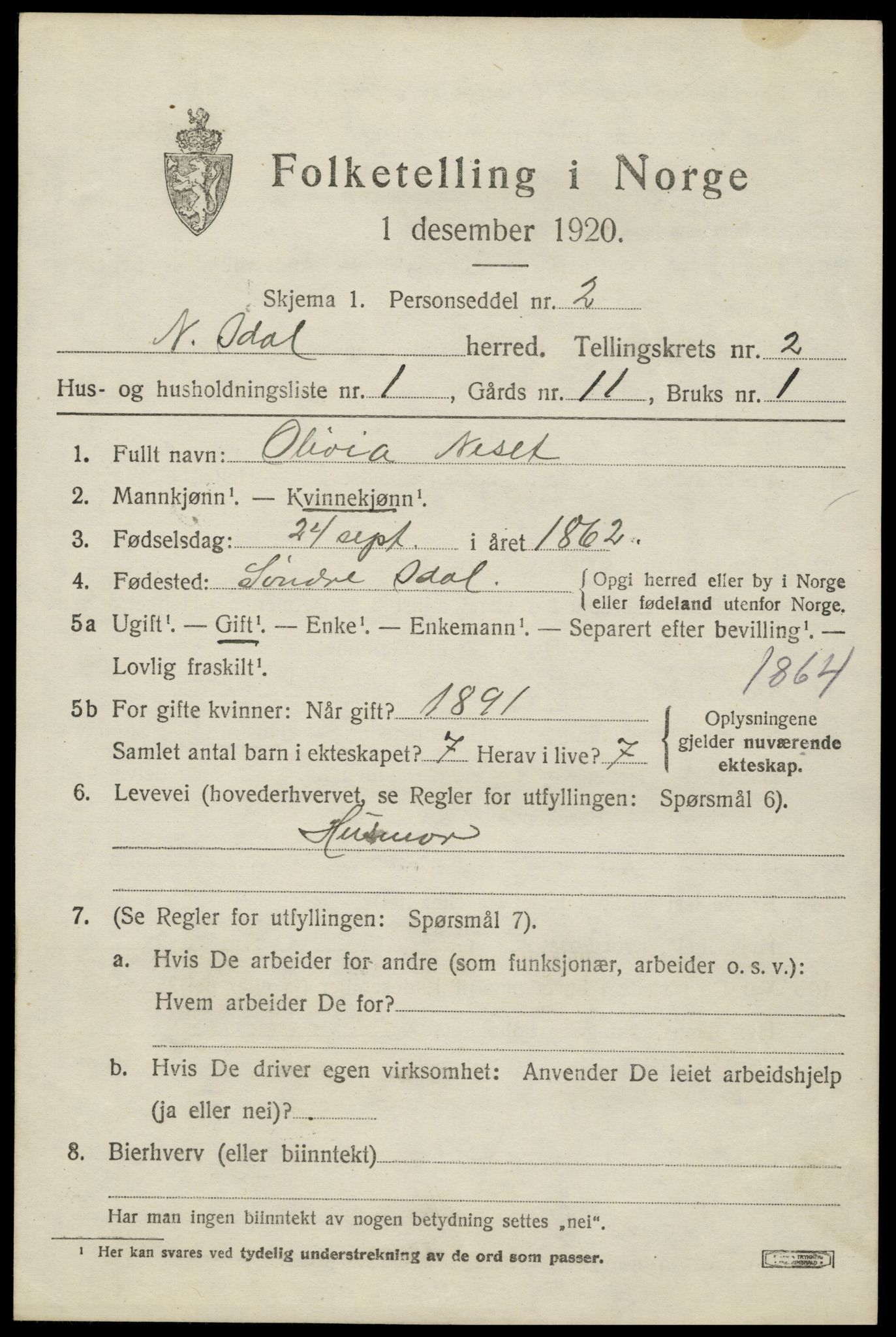 SAH, 1920 census for Nord-Odal, 1920, p. 2387