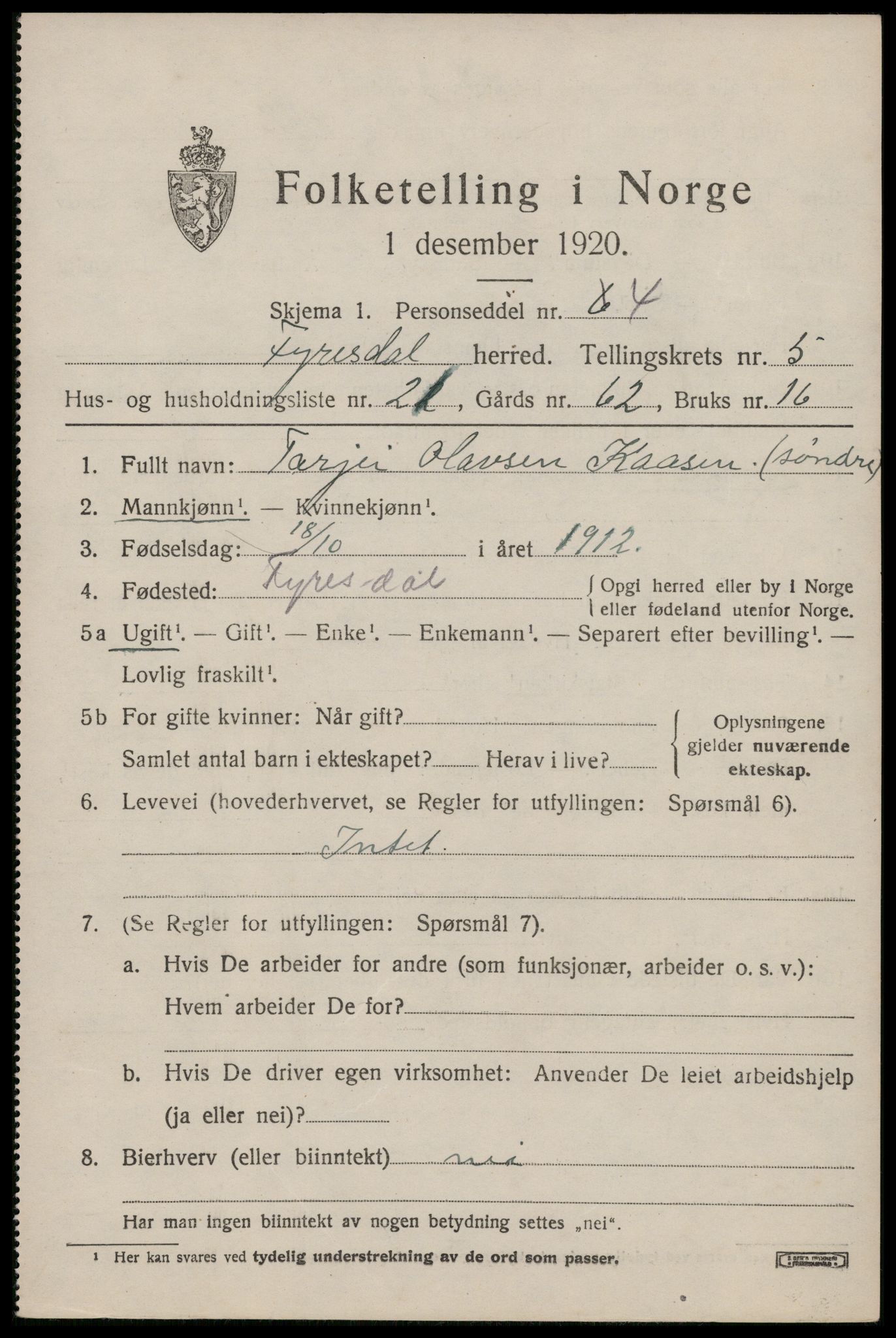 SAKO, 1920 census for Fyresdal, 1920, p. 2299