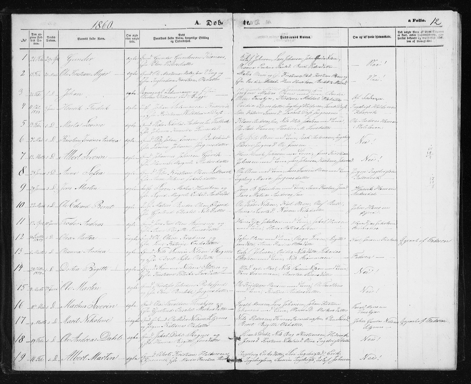 Lenvik sokneprestembete, SATØ/S-1310/H/Ha/Hab/L0004klokker: Parish register (copy) no. 4, 1859-1869, p. 12