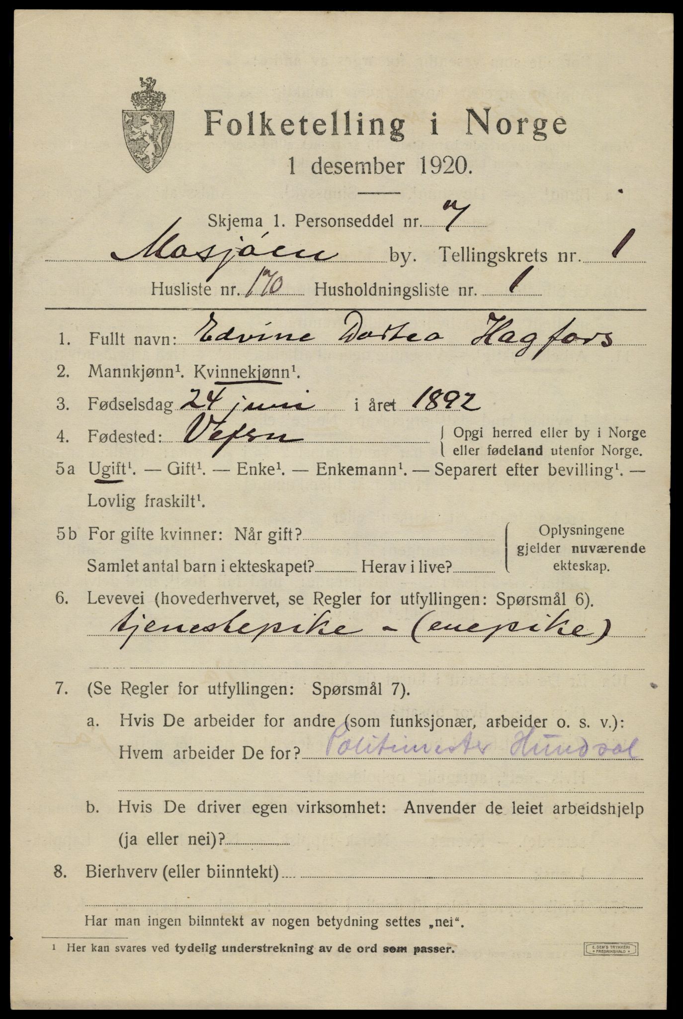 SAT, 1920 census for Mosjøen, 1920, p. 3424