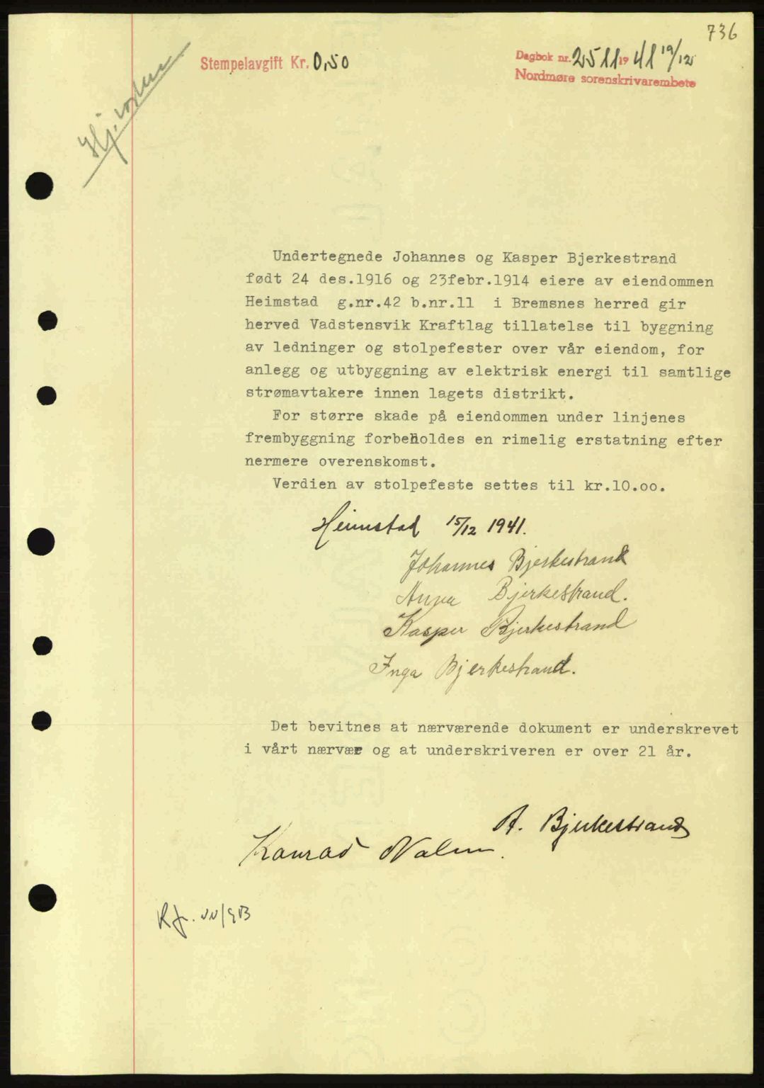 Nordmøre sorenskriveri, AV/SAT-A-4132/1/2/2Ca: Mortgage book no. B88, 1941-1942, Diary no: : 2511/1941