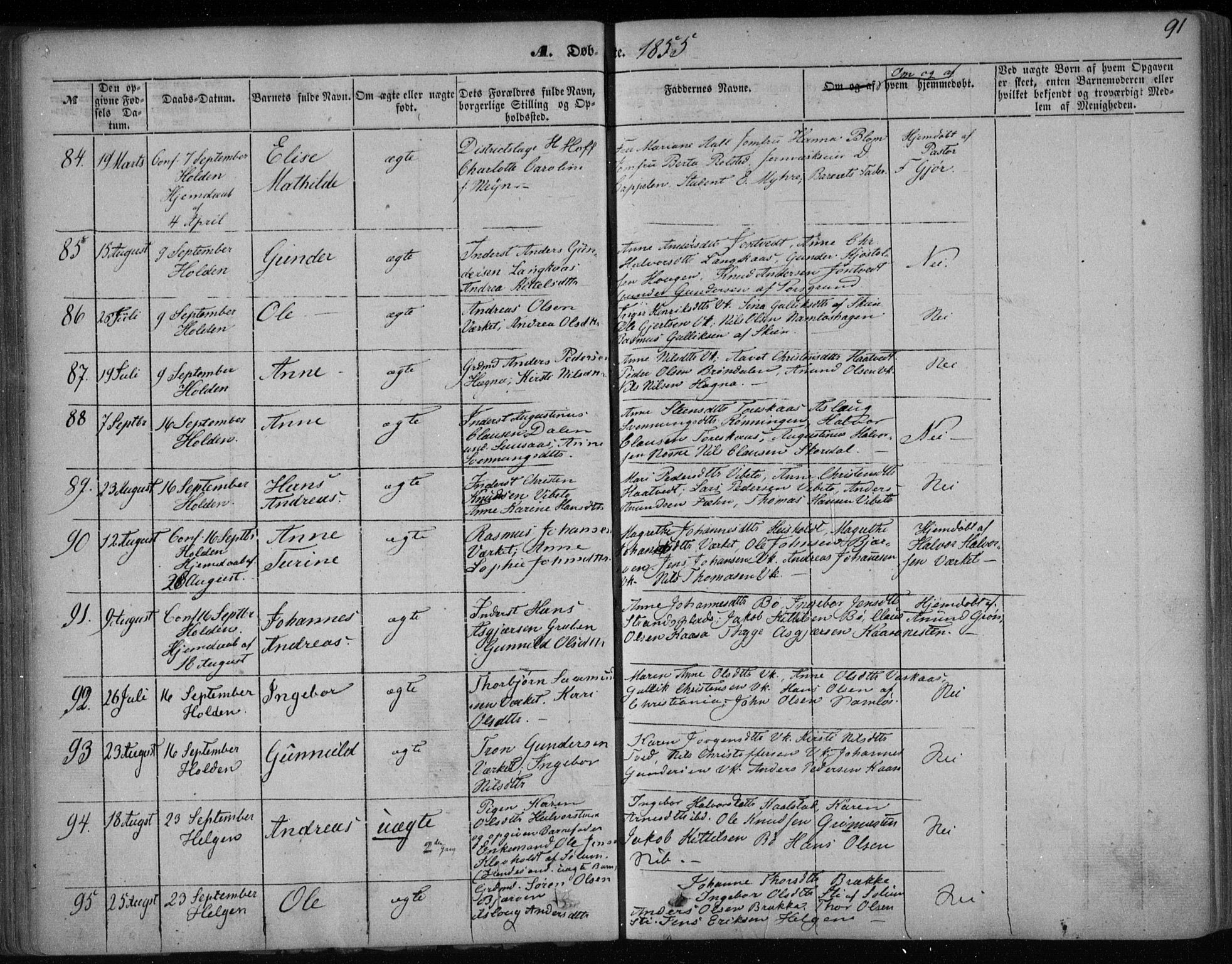 Holla kirkebøker, AV/SAKO-A-272/F/Fa/L0005: Parish register (official) no. 5, 1849-1860, p. 91