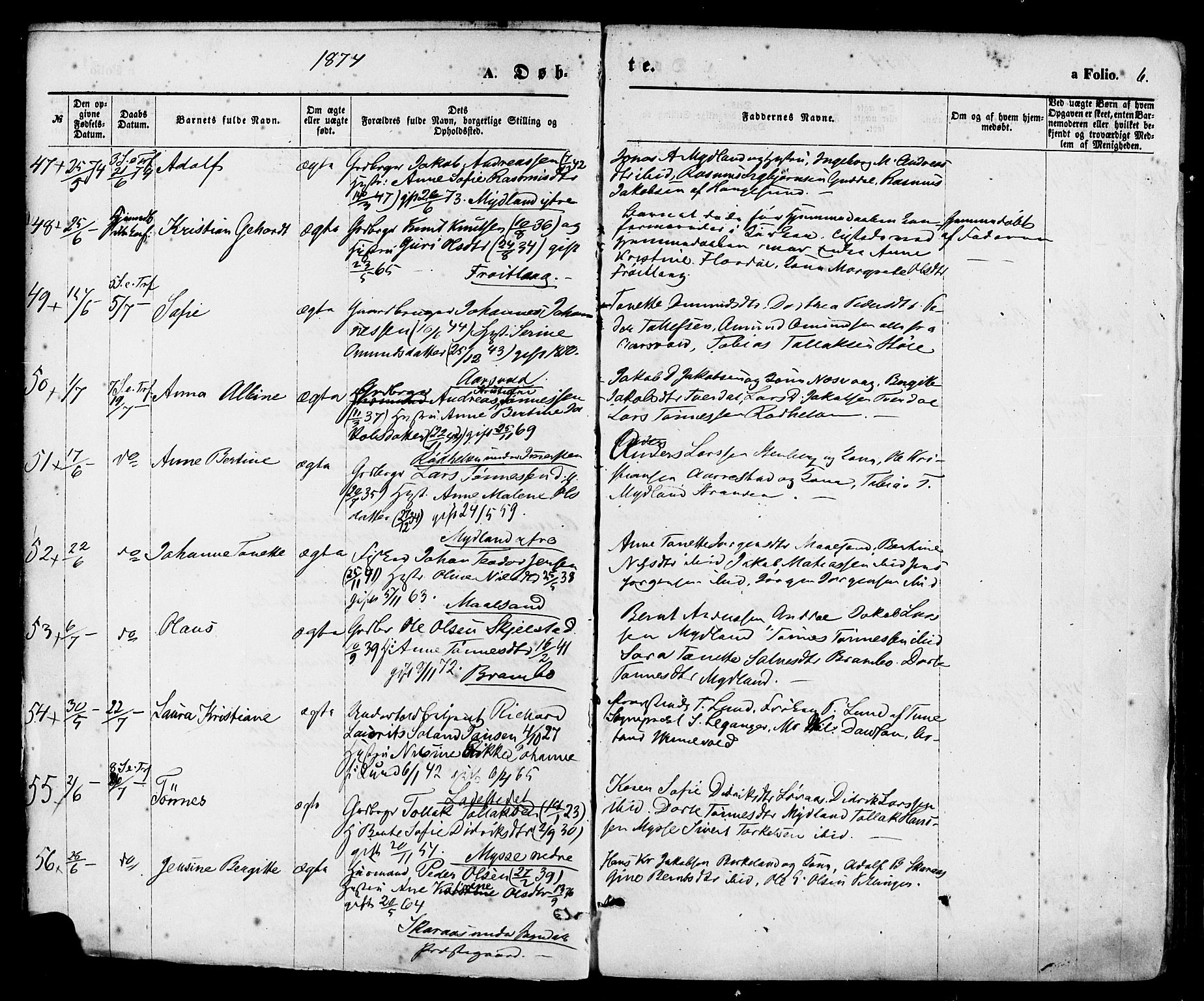 Sokndal sokneprestkontor, AV/SAST-A-101808: Parish register (official) no. A 10, 1874-1886, p. 6