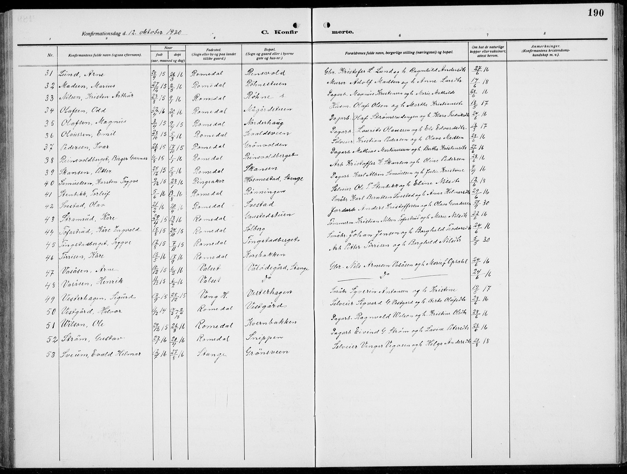 Romedal prestekontor, AV/SAH-PREST-004/L/L0014: Parish register (copy) no. 14, 1915-1939, p. 190