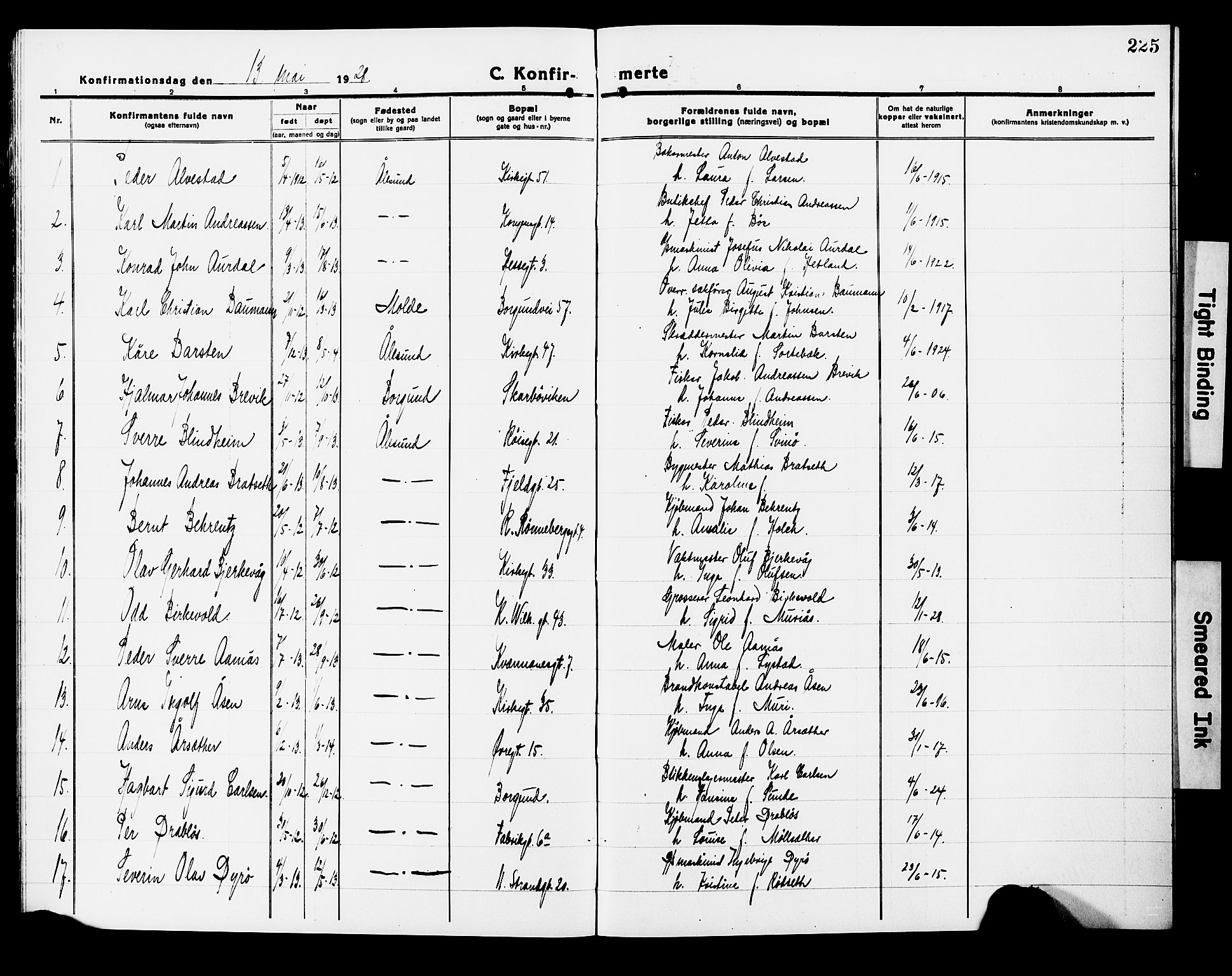 Ministerialprotokoller, klokkerbøker og fødselsregistre - Møre og Romsdal, AV/SAT-A-1454/529/L0472: Parish register (copy) no. 529C09, 1917-1929, p. 225