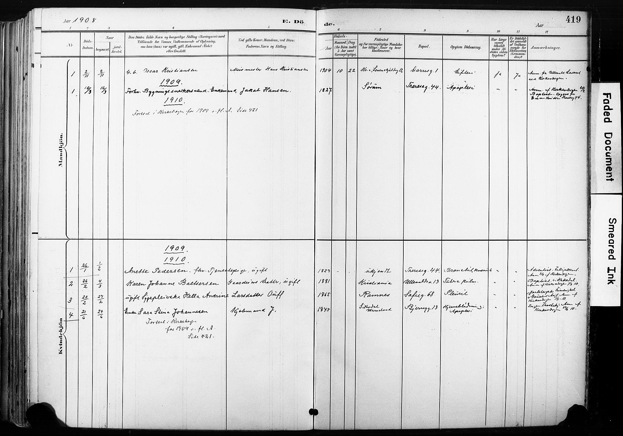 Gamle Aker prestekontor Kirkebøker, SAO/A-10617a/F/L0013: Parish register (official) no. 13, 1901-1908, p. 419