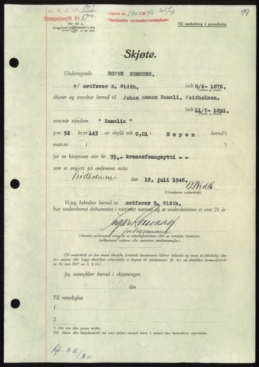 Nordmøre sorenskriveri, AV/SAT-A-4132/1/2/2Ca: Mortgage book no. A102, 1946-1946, Diary no: : 1402/1946